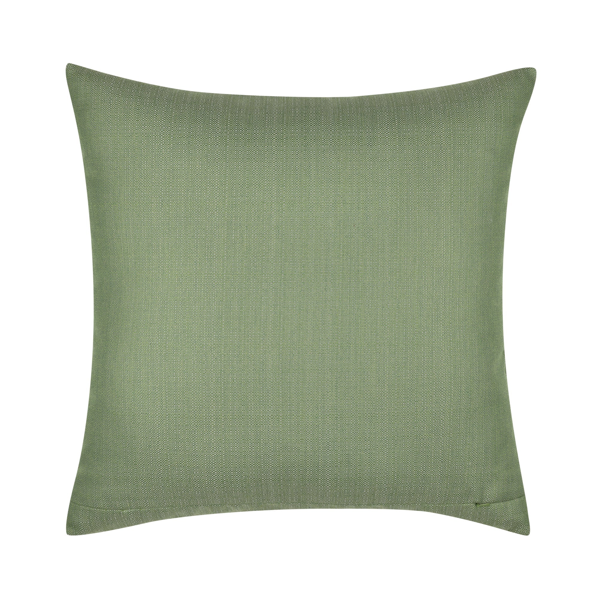 Back image of Sage green outdoor pillow with palm leaf pattern square size for earthy patio decor