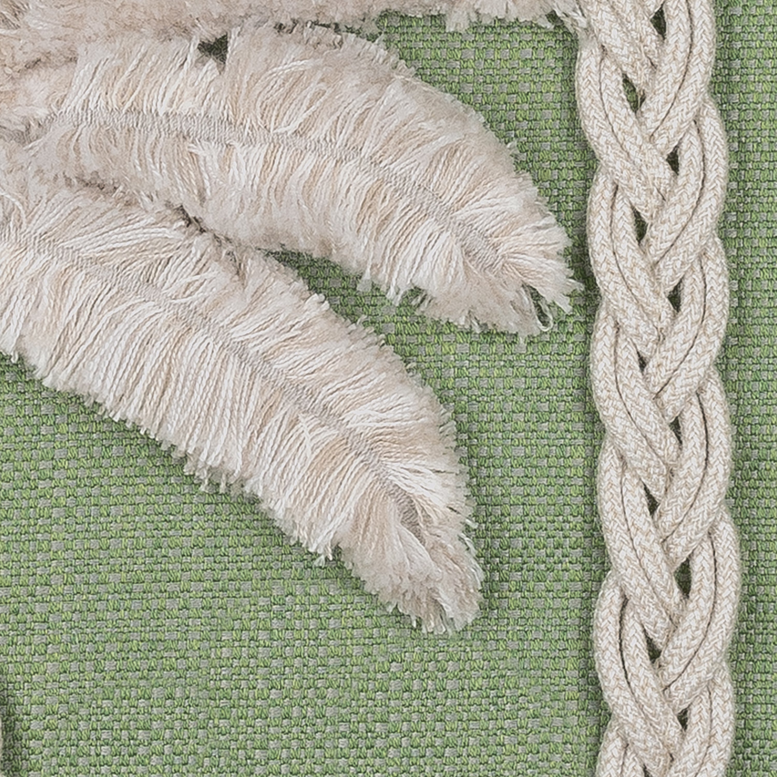 Detail image of Sage green outdoor pillow with palm leaf pattern square size for earthy patio decor