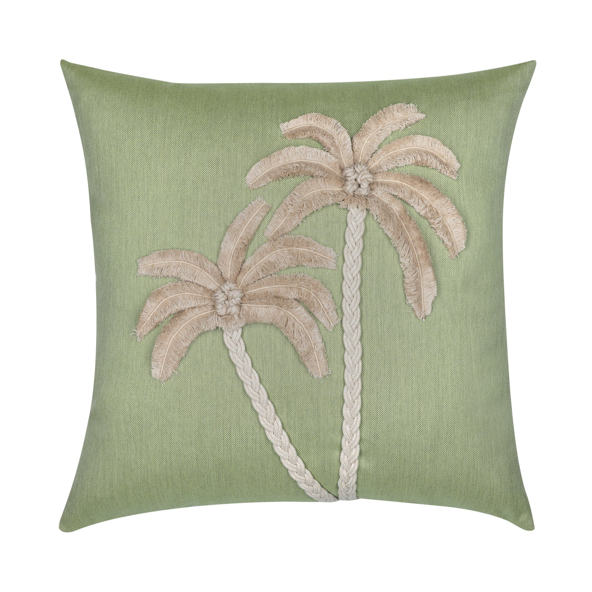 Sage green outdoor pillow with palm leaf pattern square size for earthy patio decor
