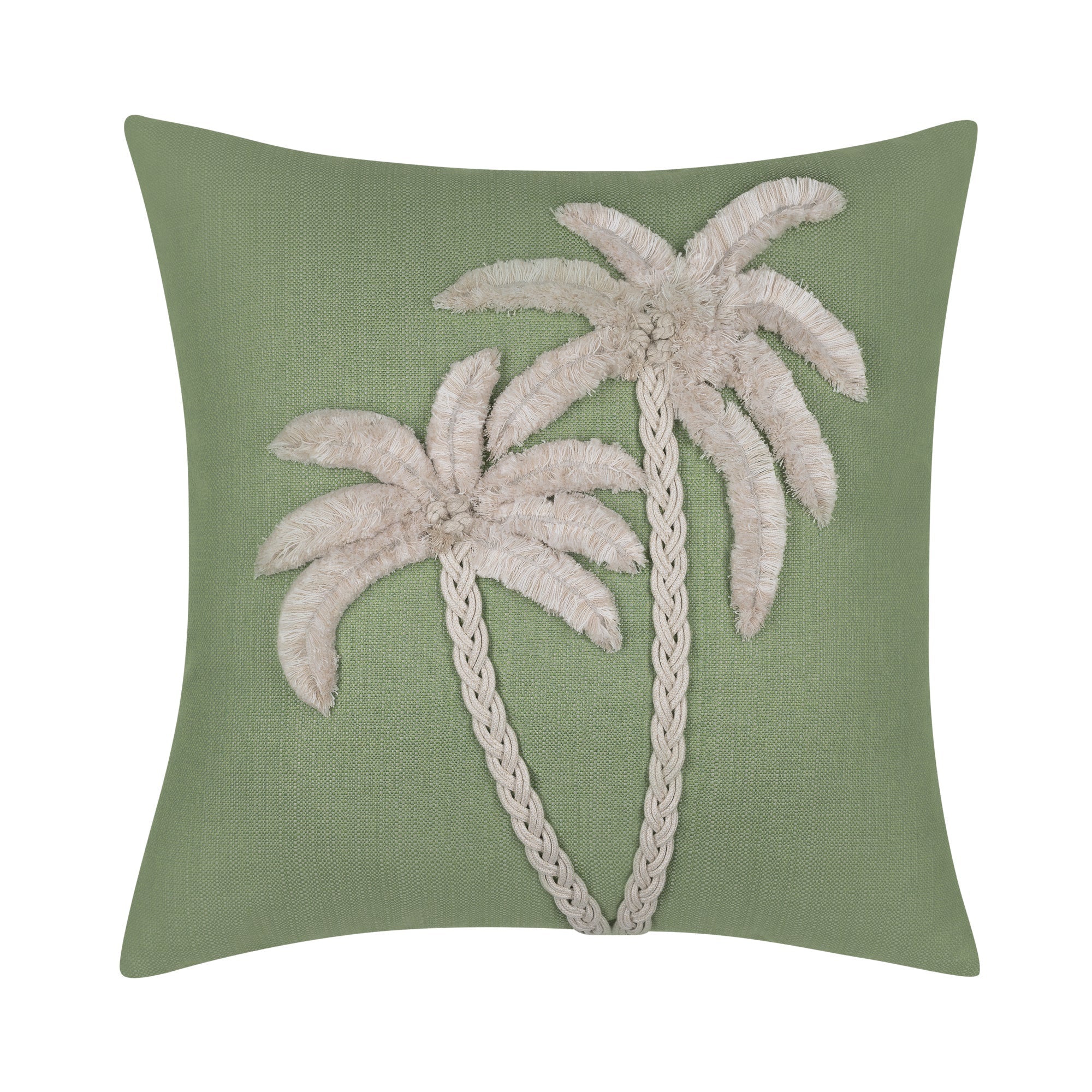 Sage green outdoor pillow with palm leaf pattern square size for earthy patio decor