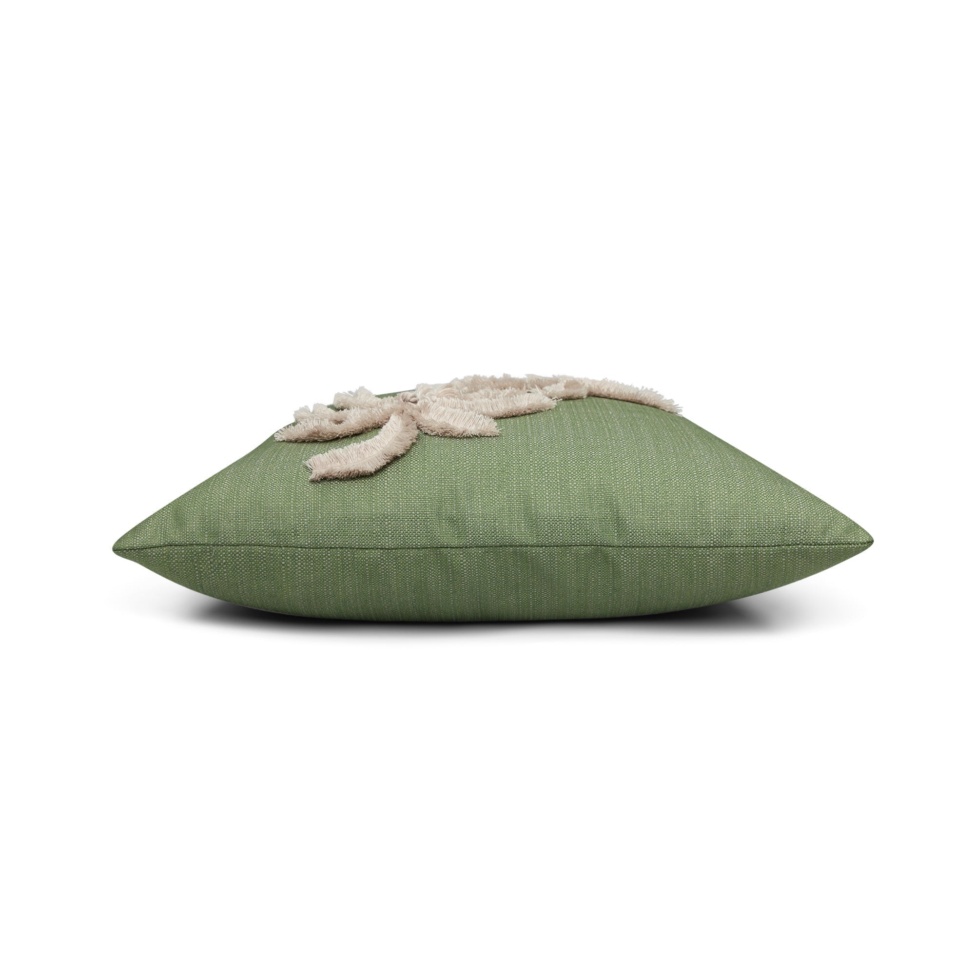 Side image of Sage green outdoor pillow with palm leaf pattern square size for earthy patio decor