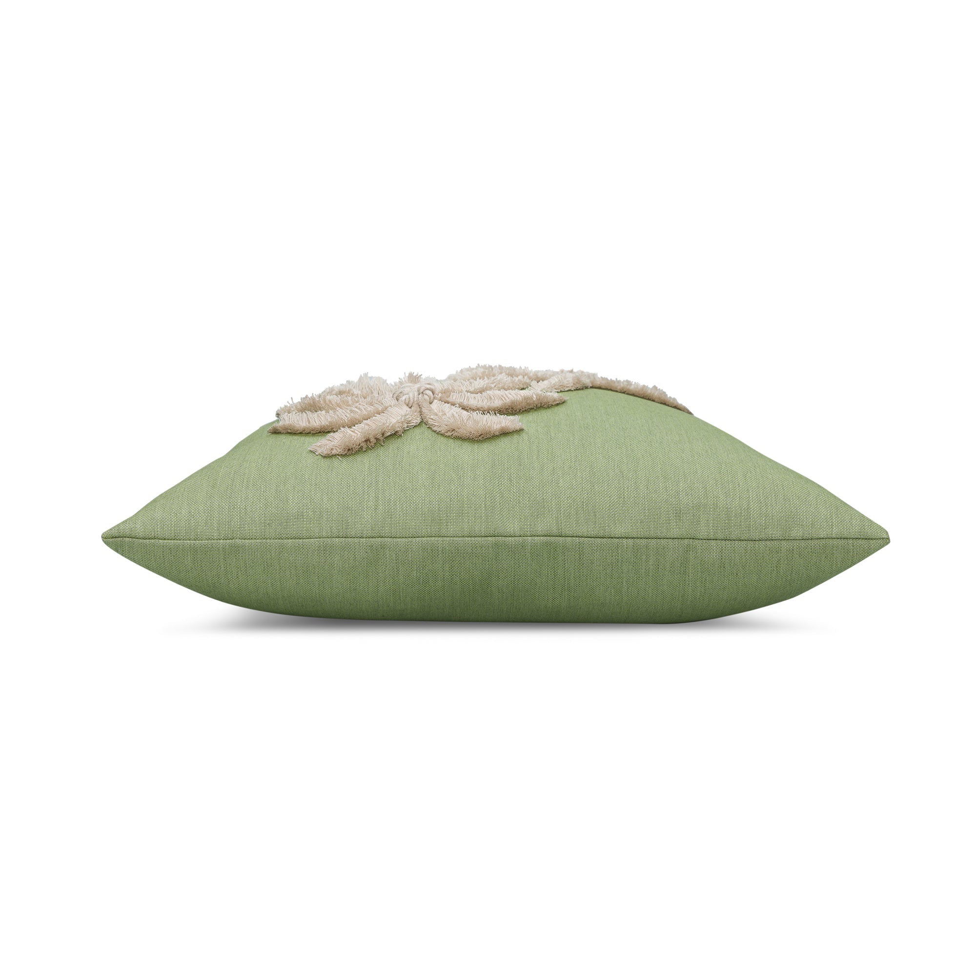 Side image of Sage green outdoor pillow with palm leaf pattern square size for earthy patio decor
