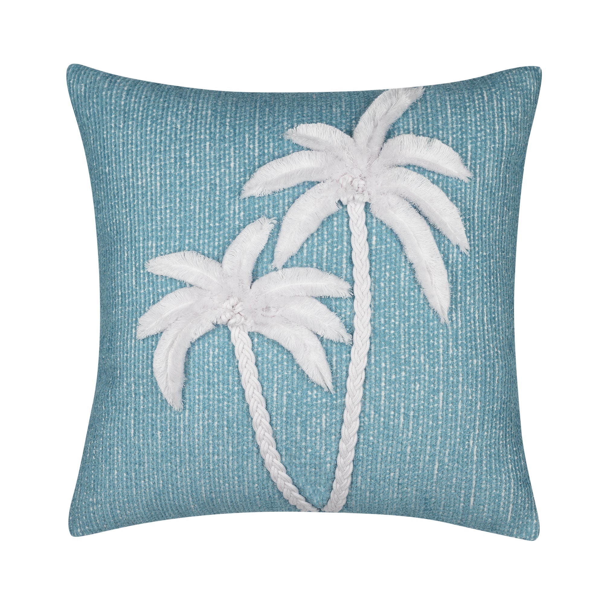Aqua outdoor pillow with palm leaf pattern square size for refreshing patio decor