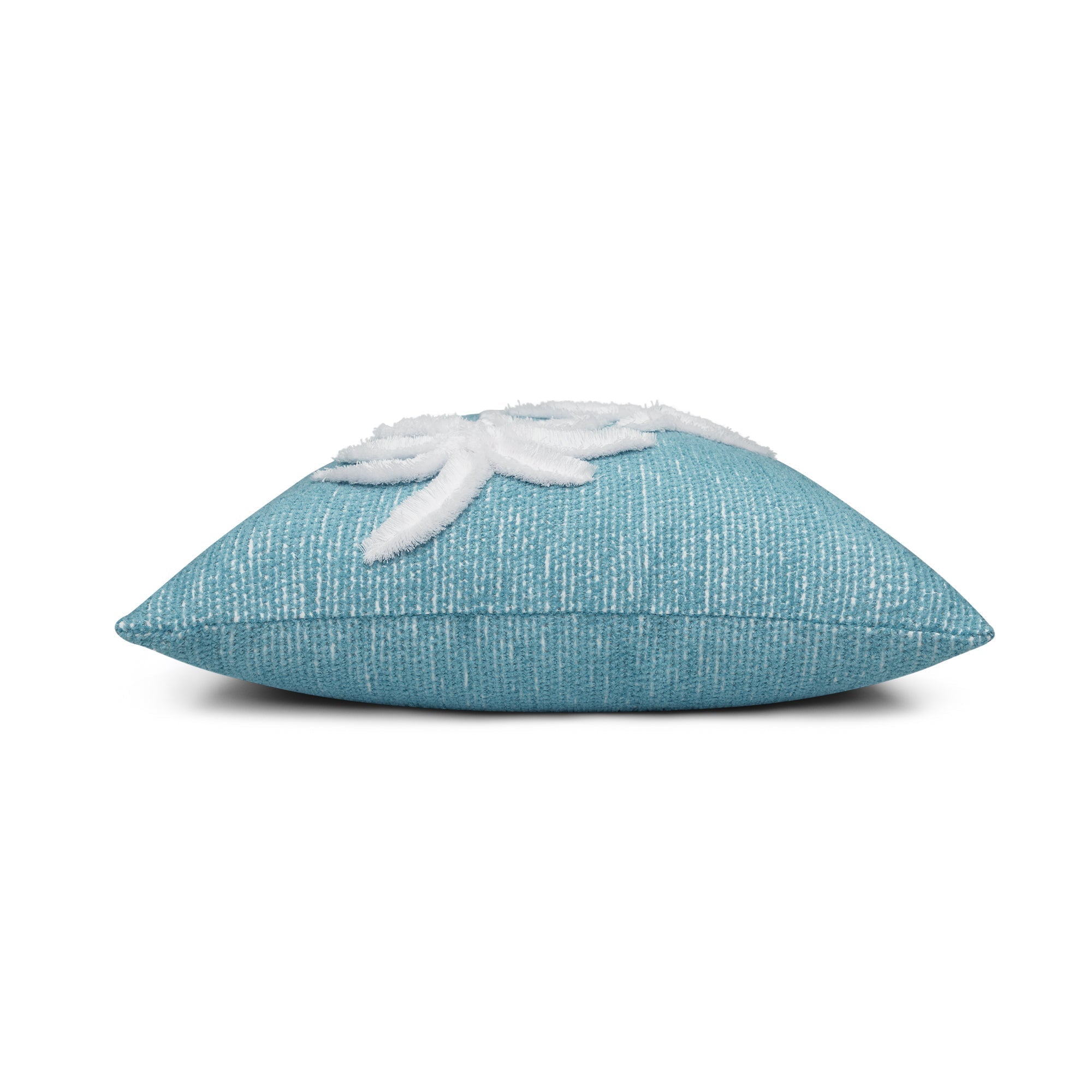 Side image of Aqua outdoor pillow with palm leaf pattern square size for refreshing patio decor