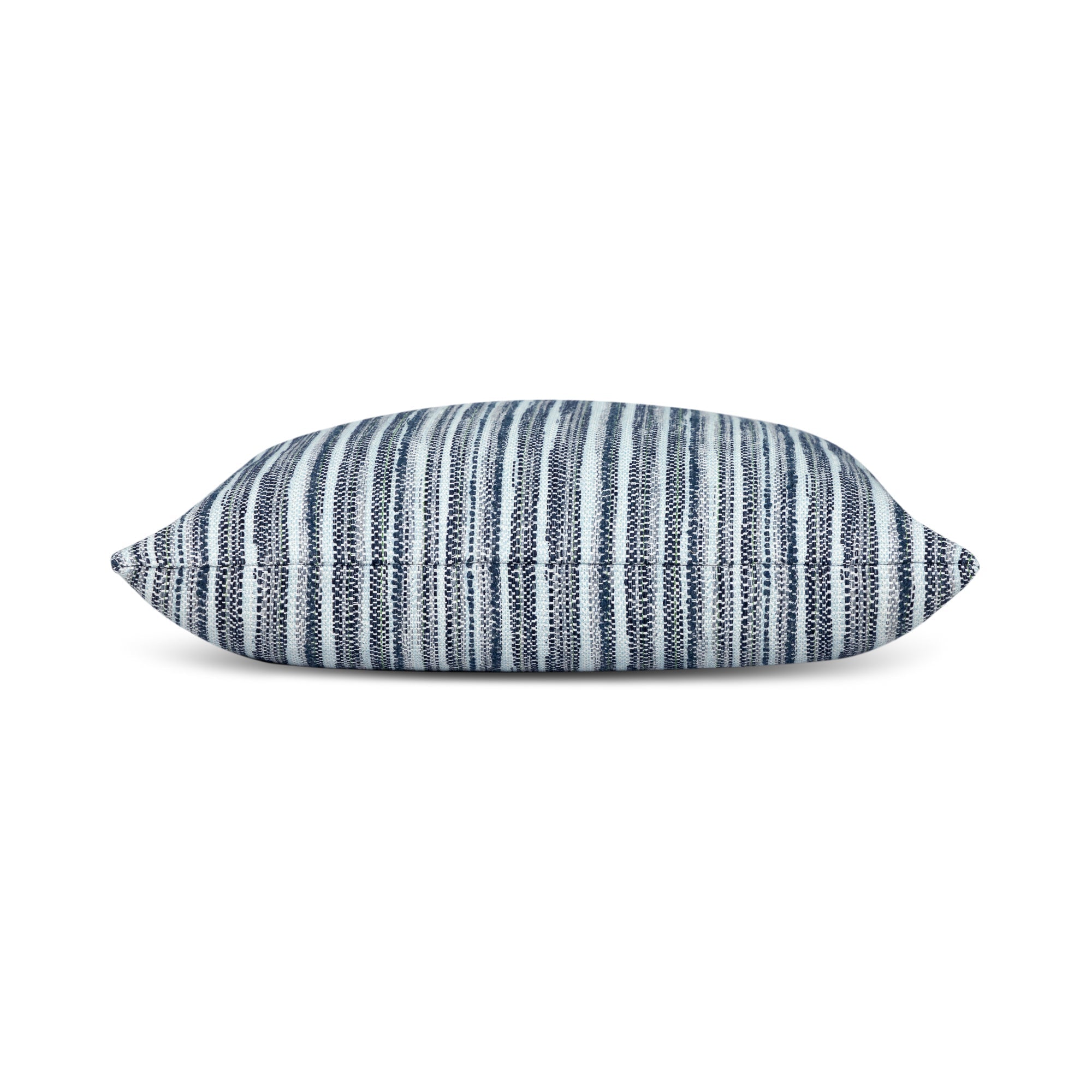 Side image of Navy outdoor pillow with stripe pattern, square size for coastal outdoor accents by Elaine Smith