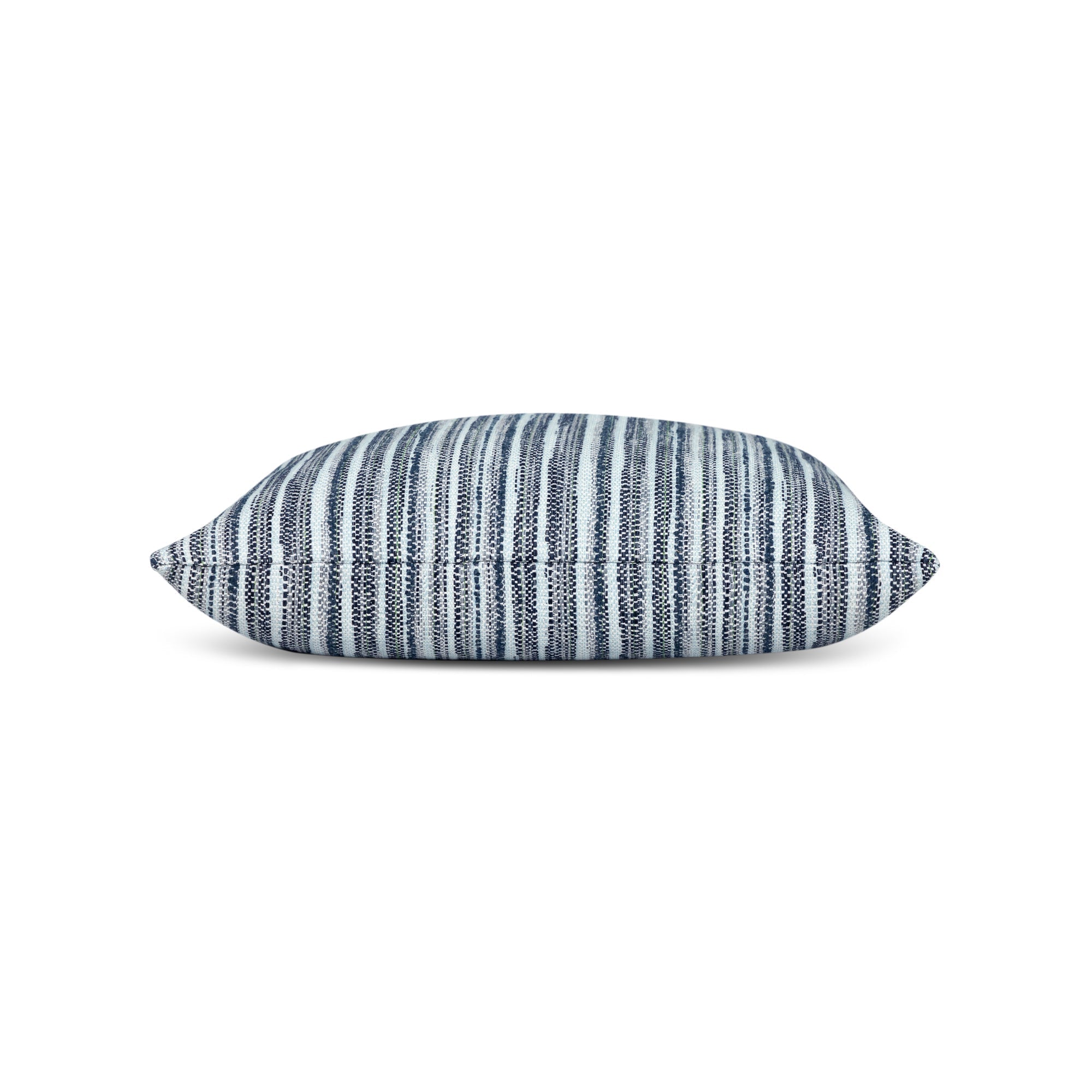 Side image of Navy outdoor pillow with stripe pattern, square size for coastal outdoor decor