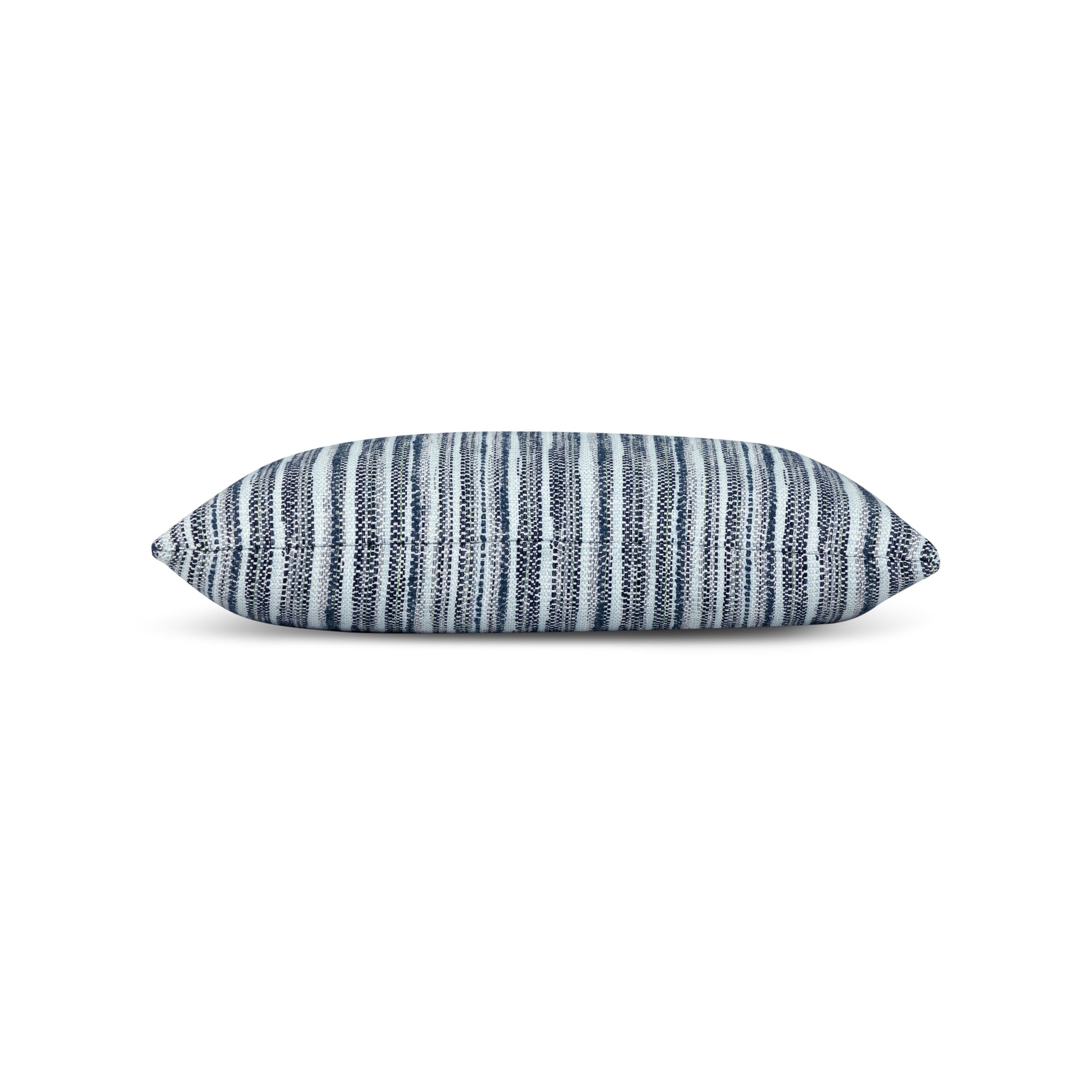 Side image of Navy outdoor pillow with stripe pattern, lumbar size for coastal outdoor decor