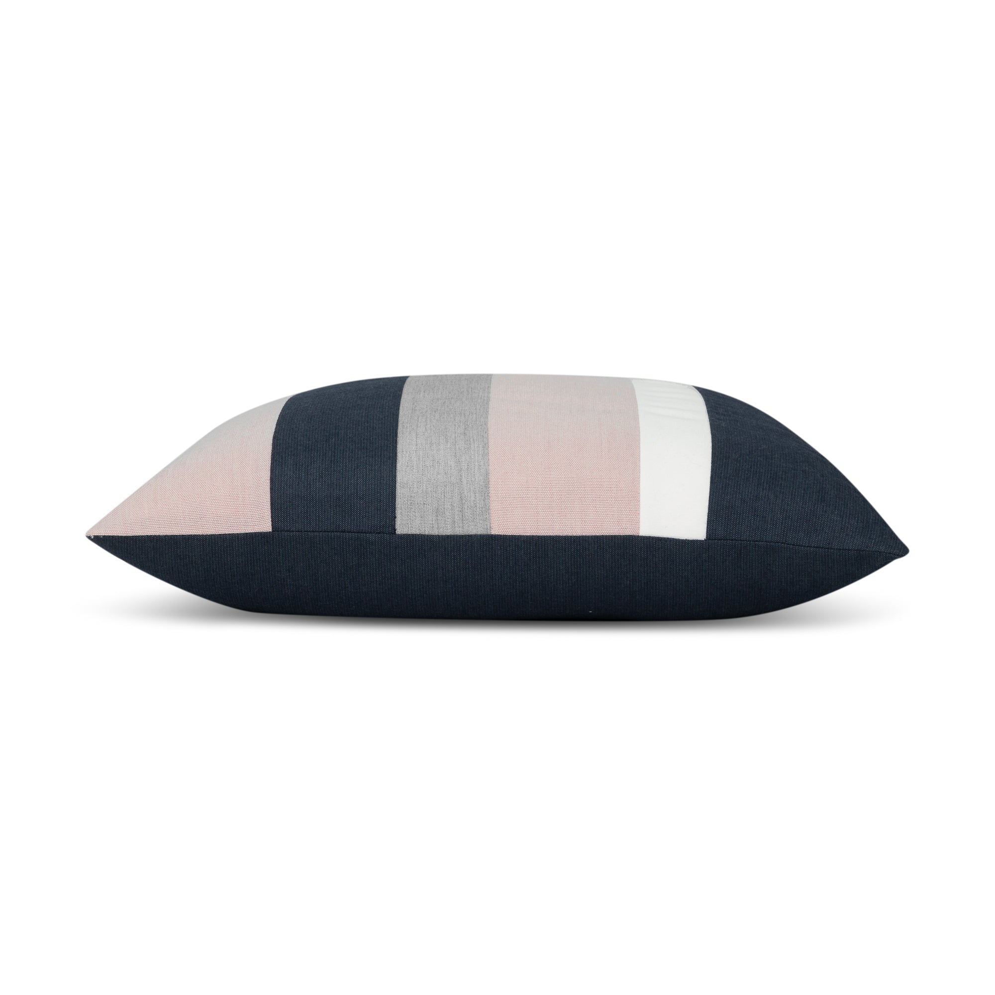 Side image of Blush pink, indigo and gray striped pillow square size for transitional indoor and outdoor decor