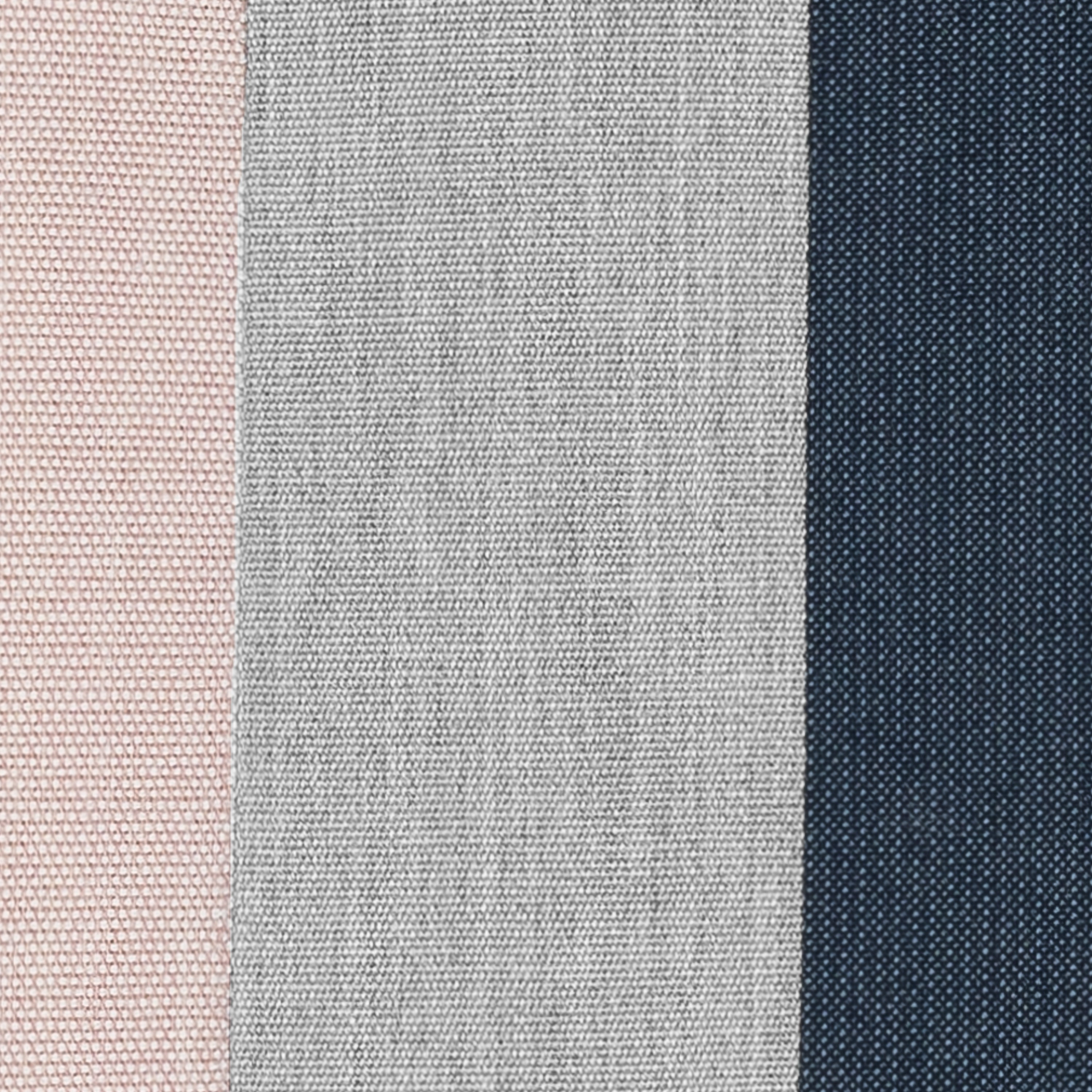 Detail image of blush pink, indigo and gray striped pillow in square size for timeless indoor and outdoor decor
