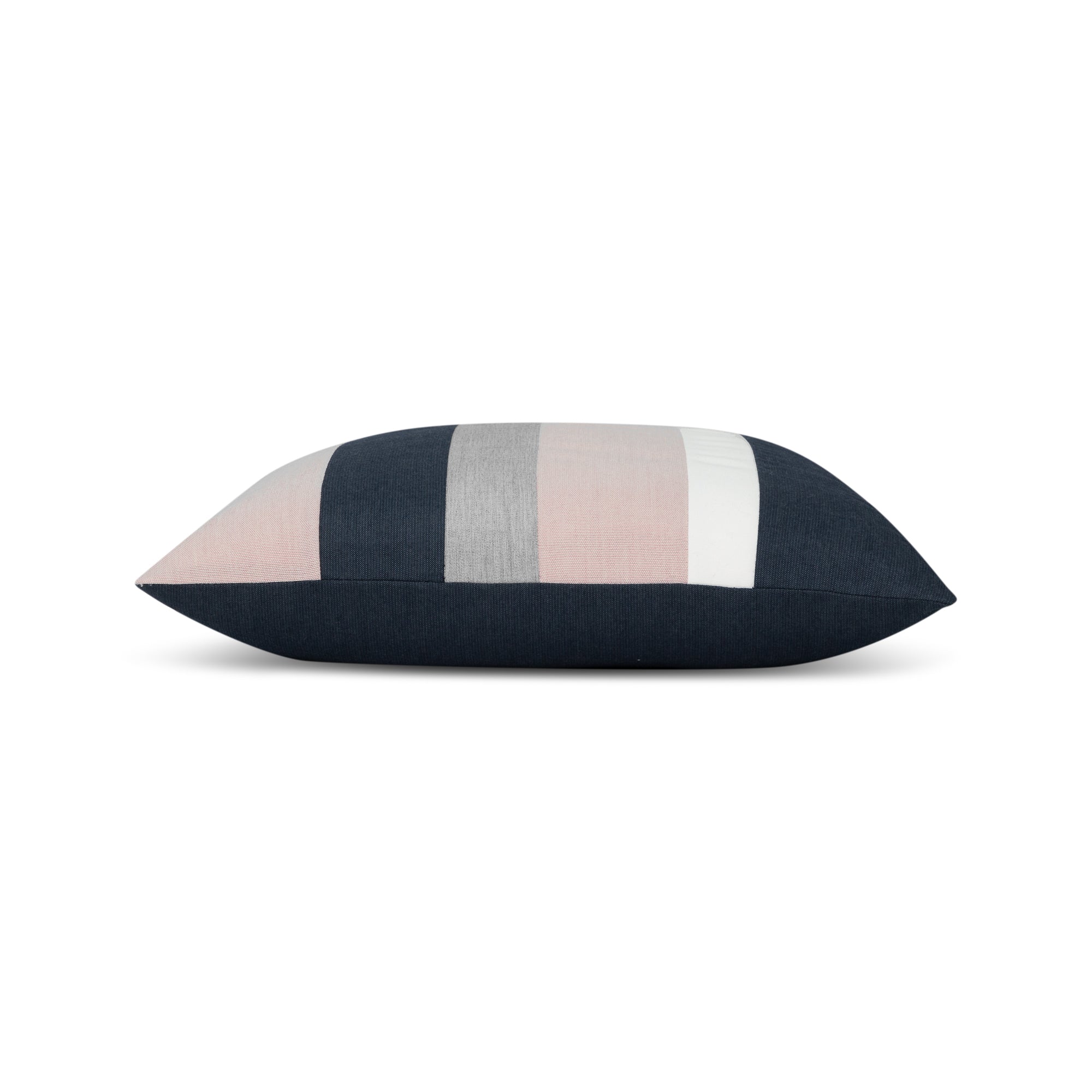 Side image of blush pink, indigo and gray striped pillow in square size for timeless indoor and outdoor decor