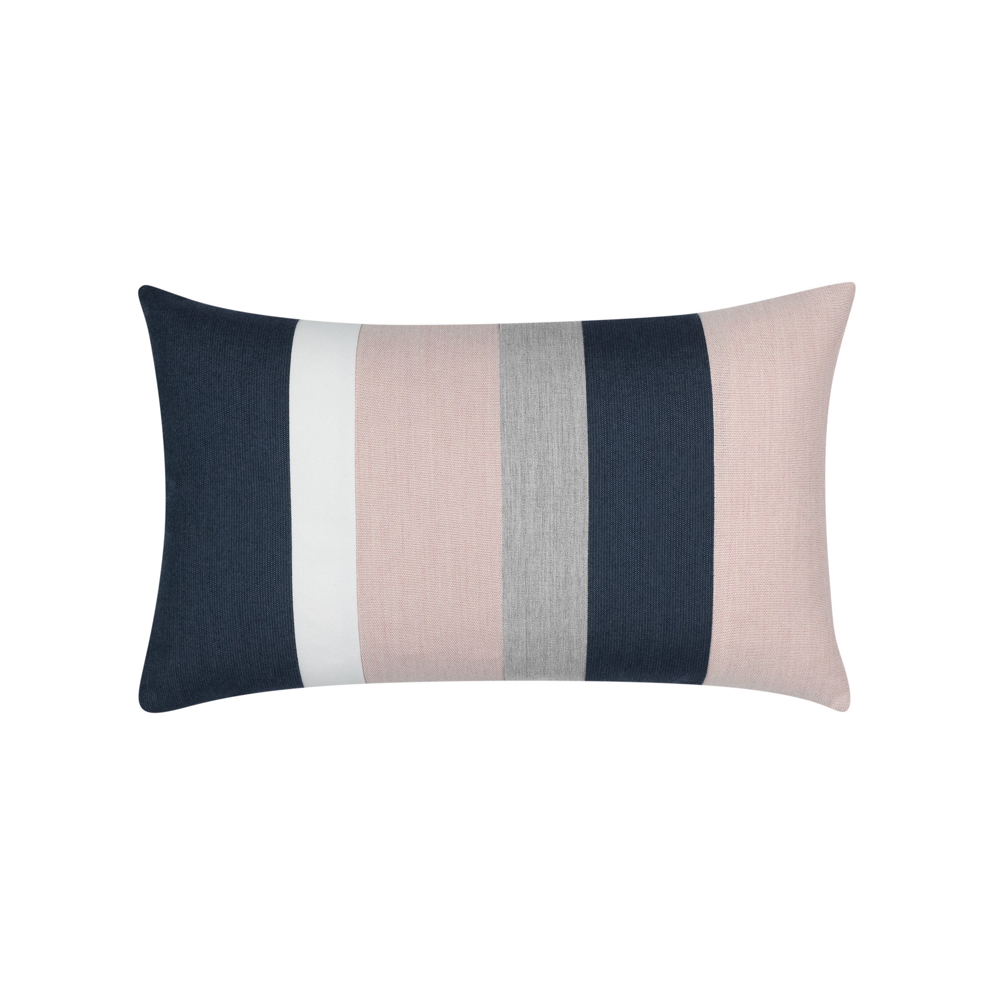 Blush pink, indigo and gray striped pillow in lumbar size for soft indoor and outdoor decor