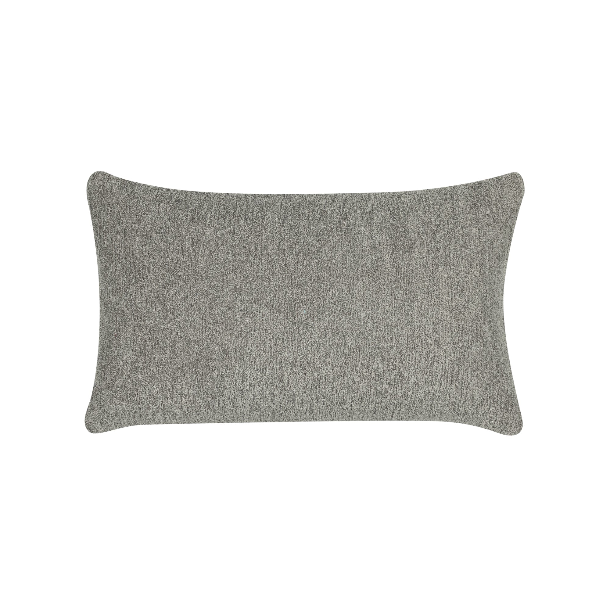 Back image of Gray textured outdoor pillow with rope detailing in lumbar size for modern patio decor
