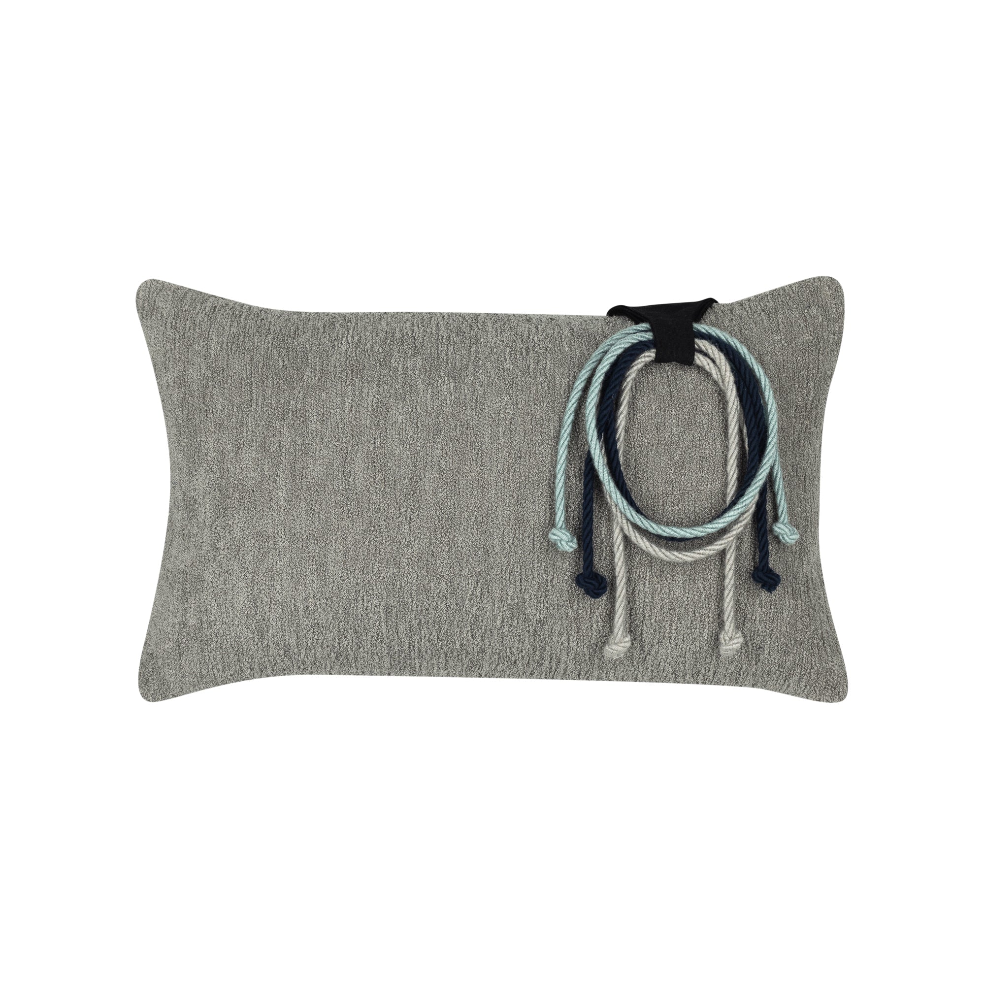 Gray textured outdoor pillow with rope detailing in lumbar size for modern patio decor