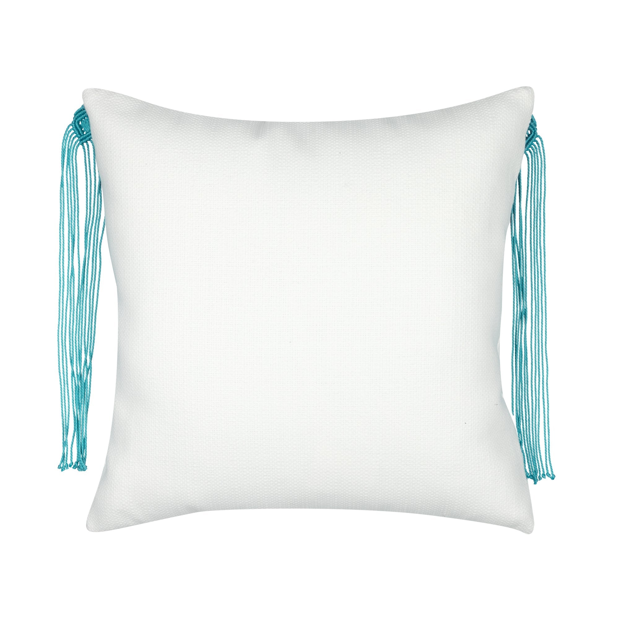 Back image of Green and white western inspired design on outdoor pillow with aruba tassels for vibrant patio decor