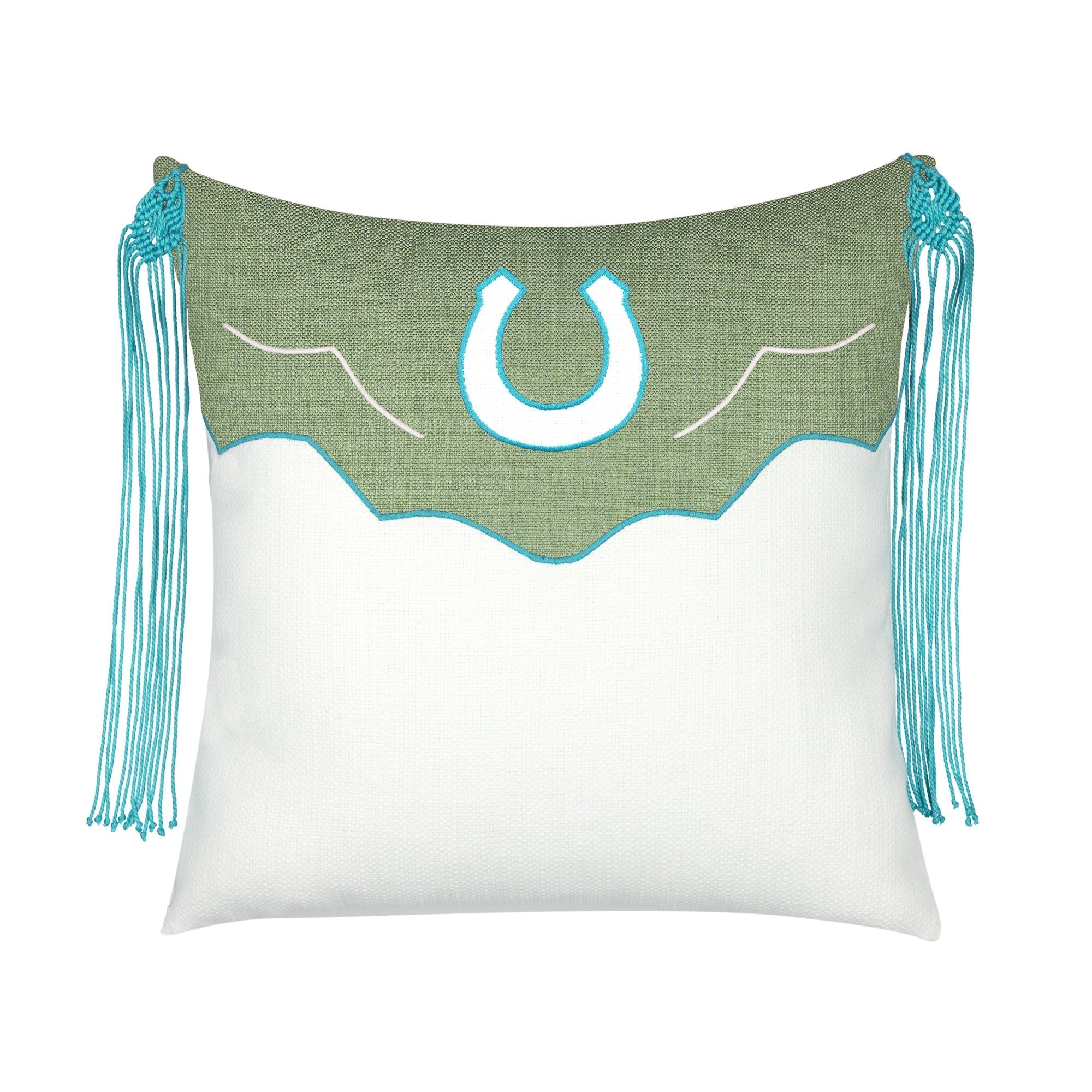 Green and white western inspired design on outdoor pillow with aruba tassels for vibrant patio decor
