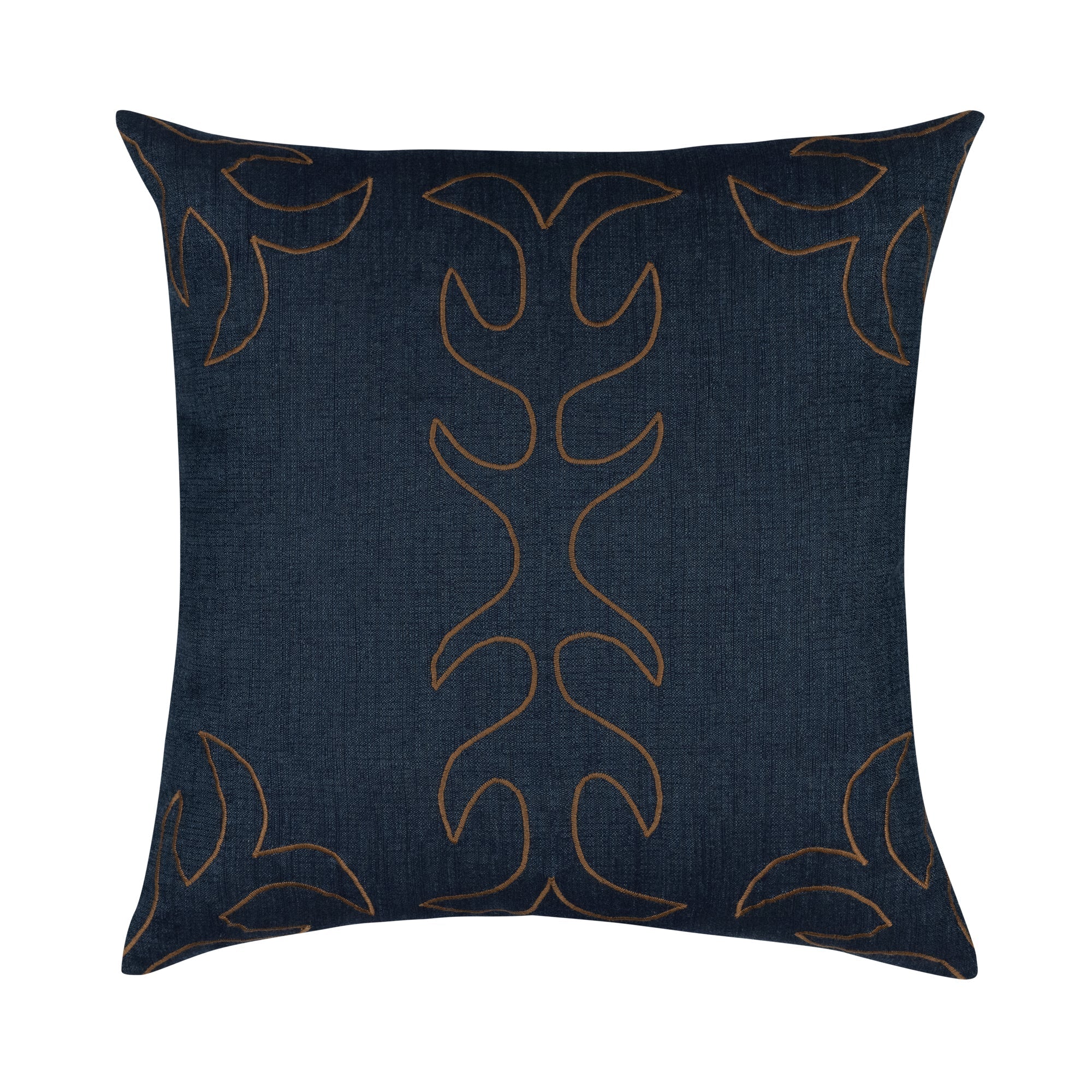 Denim colored outdoor pillow with brown stitching, square size for neutral outdoor accents by Elaine Smith