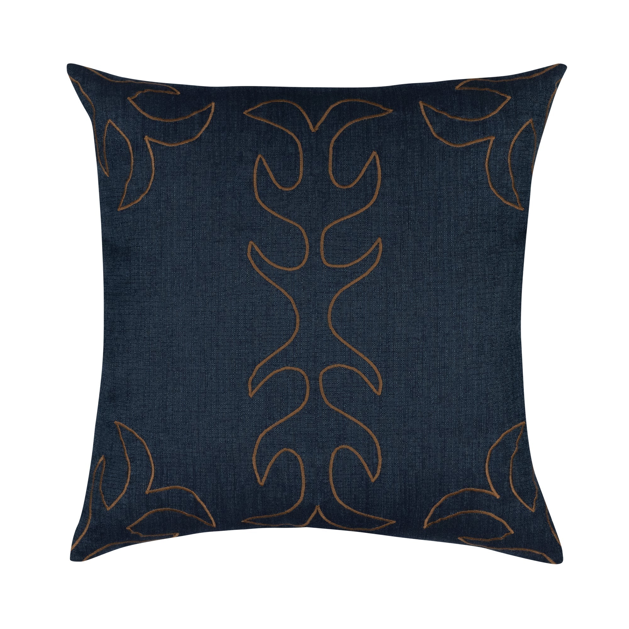Denim colored outdoor pillow with brown stitching, square size for neutral outdoor accents by Elaine Smith