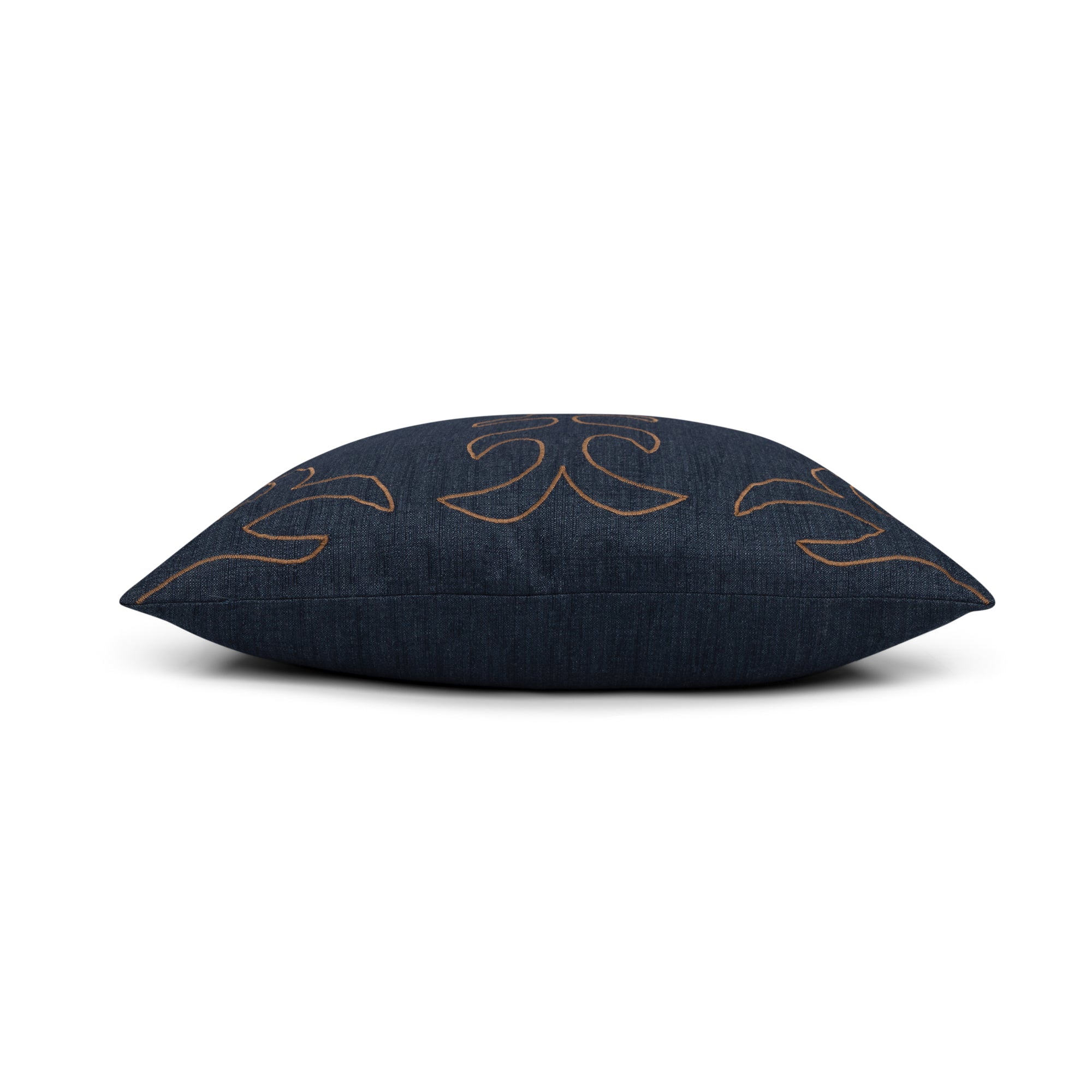 Side image of Denim colored outdoor pillow with brown stitching, square size for neutral outdoor accents by Elaine Smith