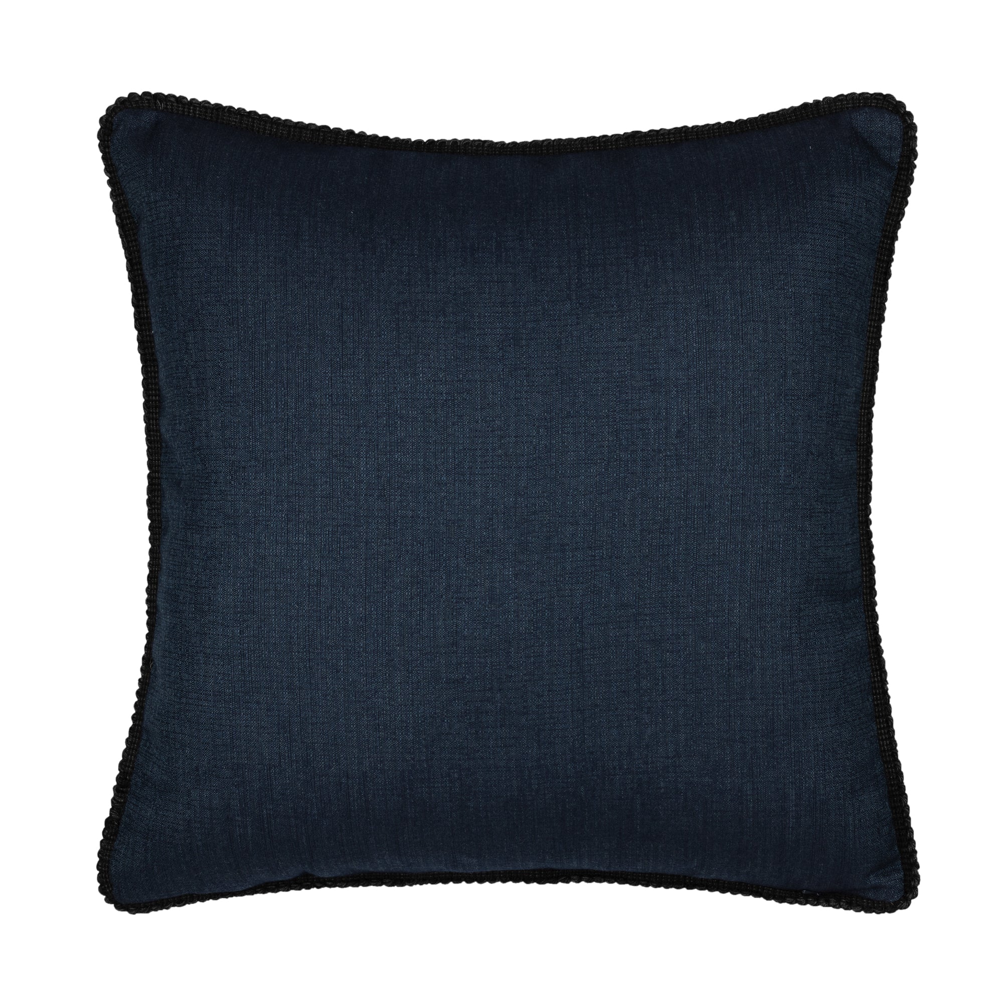 Back image of Dark navy outdoor pillow with bold horse  silhouette for statement outdoor decor