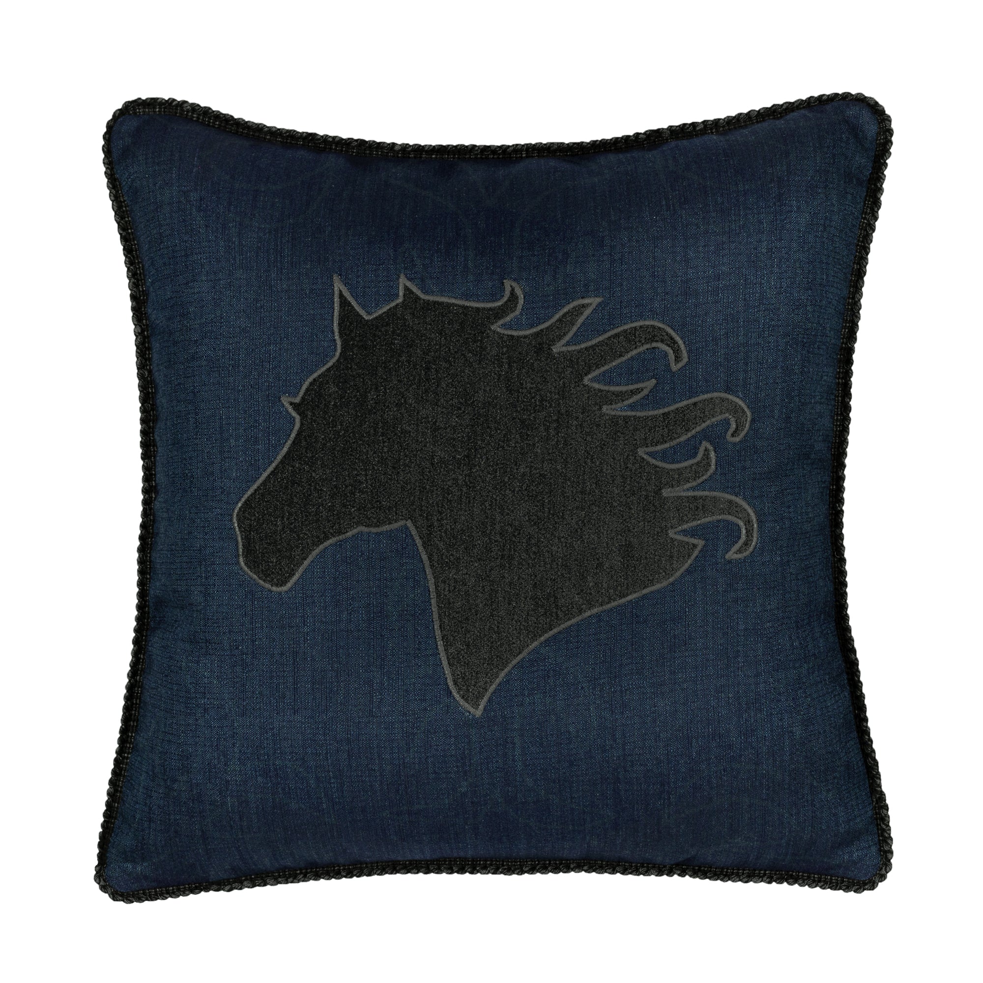 Dark navy outdoor pillow with bold horse  silhouette for statement outdoor decor
