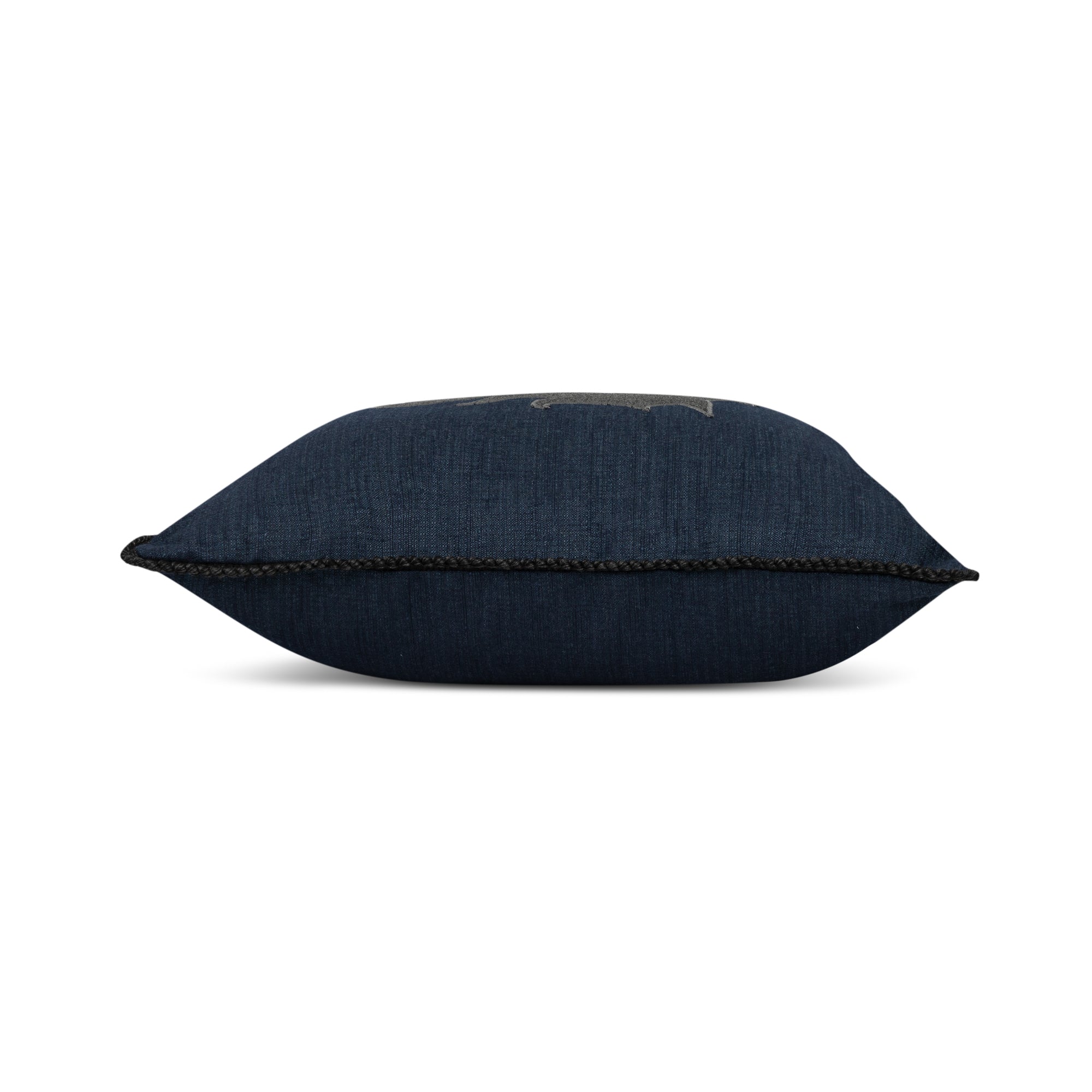 Side image of Dark navy outdoor pillow with bold horse  silhouette for statement outdoor decor