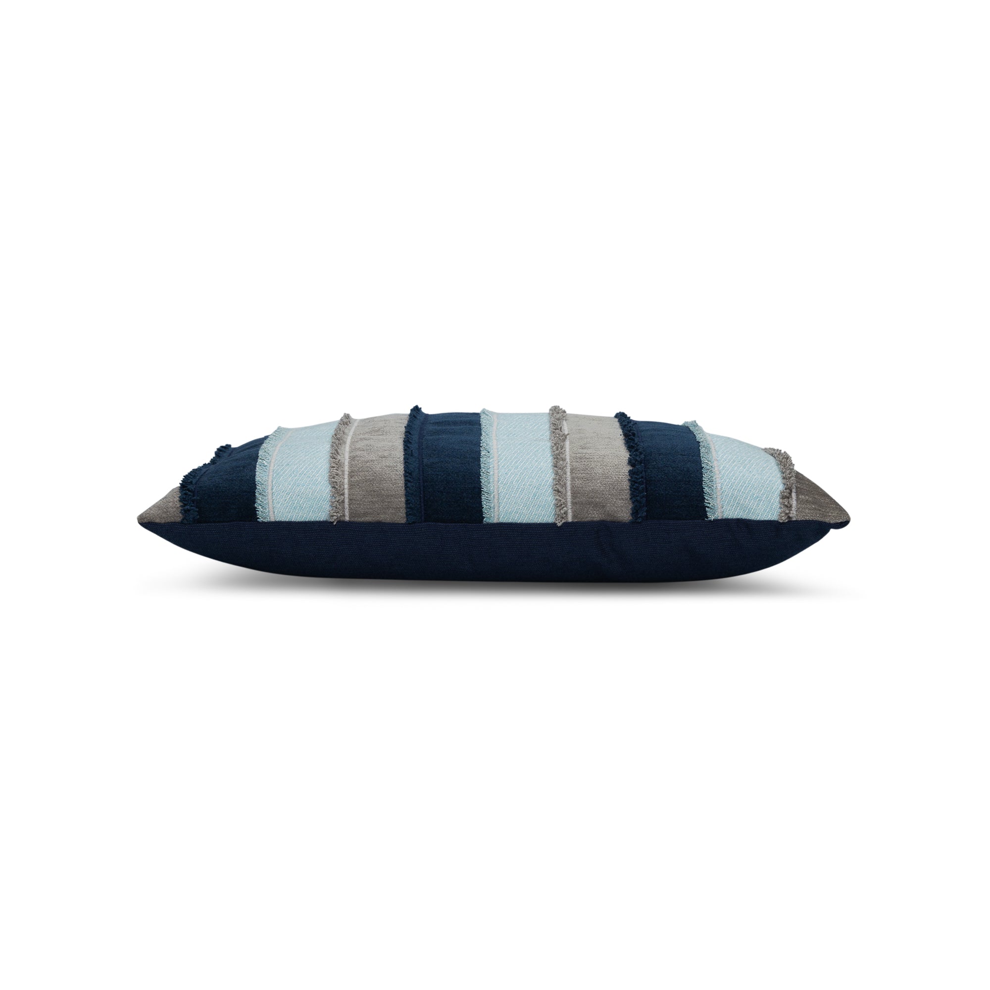 Side image of Blue and gray striped pillow lumbar size for coastal indoor and outdoor decor