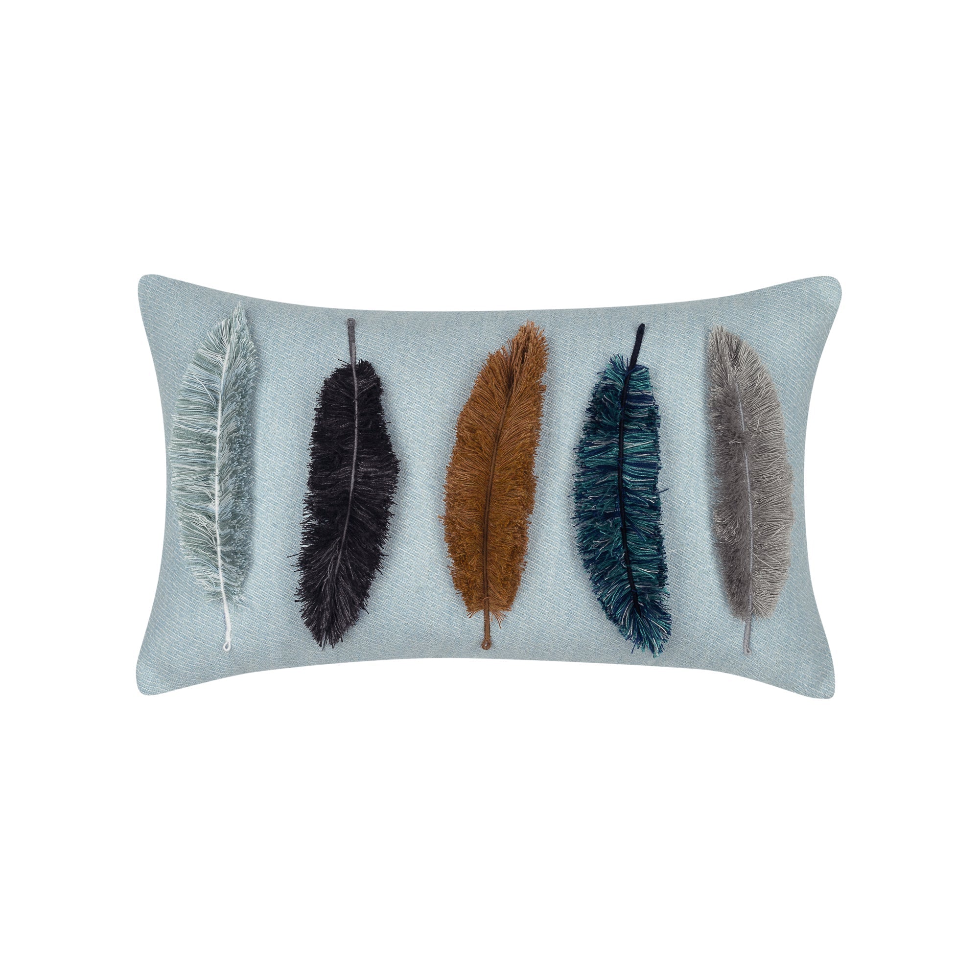 Outdoor lumbar pillow in light blue with appliqued leaf pattern for coordinated outdoor decor