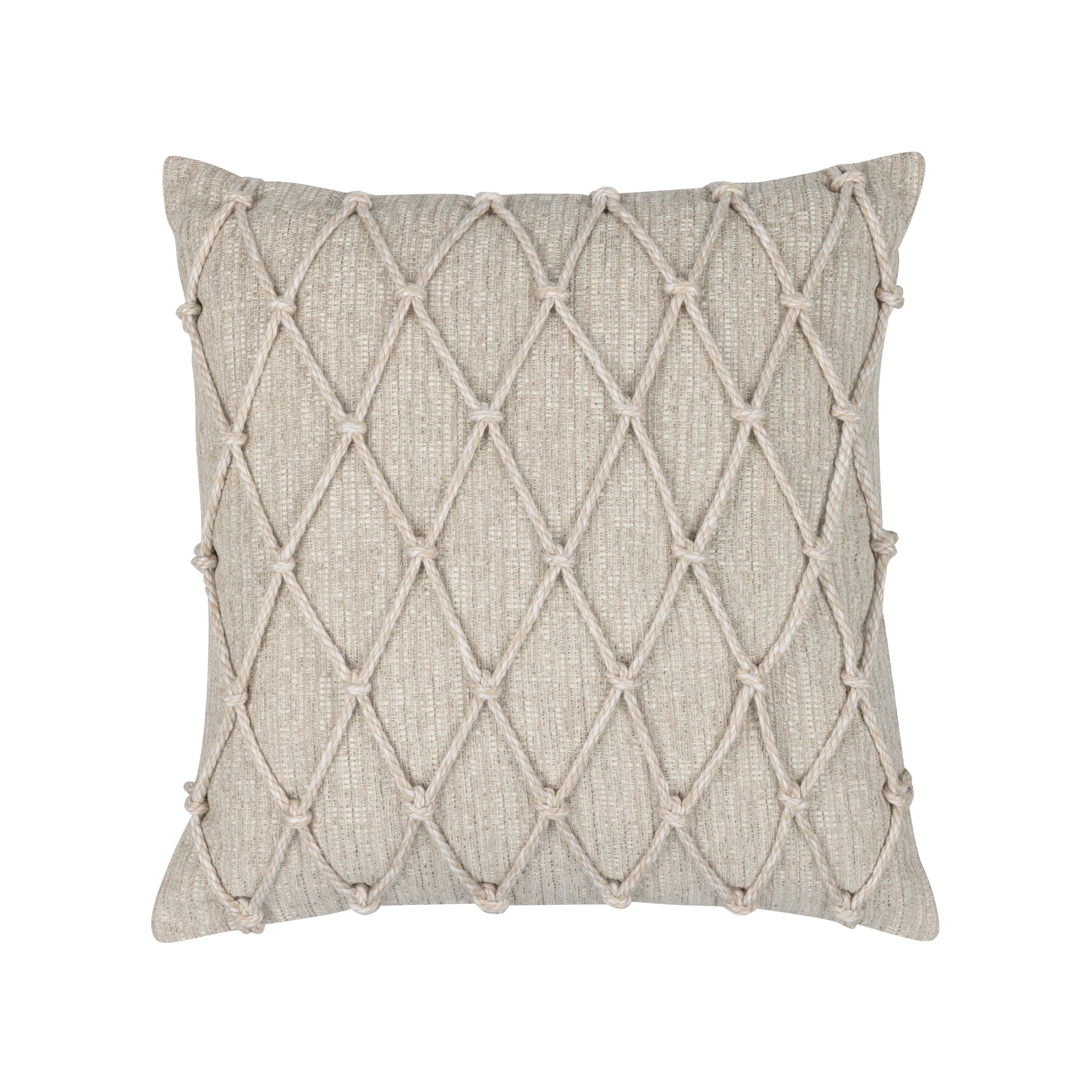 Beige textured outdoor pillow with macrame rope diamond details, square size for transitional indoor and outdoor decor by Elaine Smith