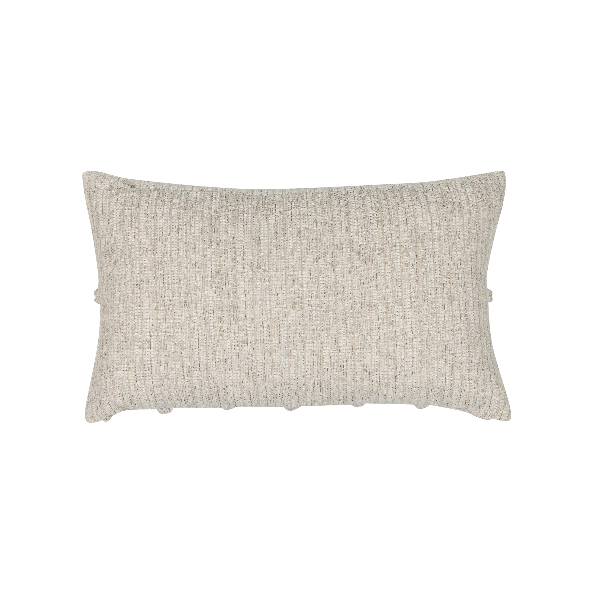 Back image of Beige textured outdoor pillow with macrame rope diamond details, lumbar size for transitional indoor and outdoor decor by Elaine Smith