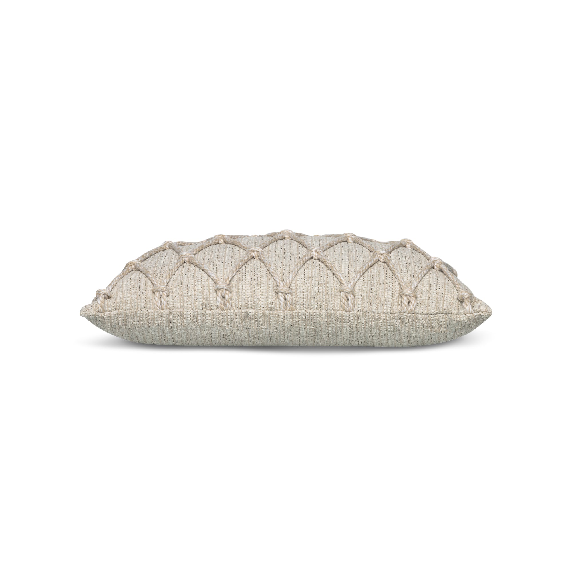 Side image of Beige textured outdoor pillow with macrame rope diamond details, lumbar size for transitional indoor and outdoor decor by Elaine Smith