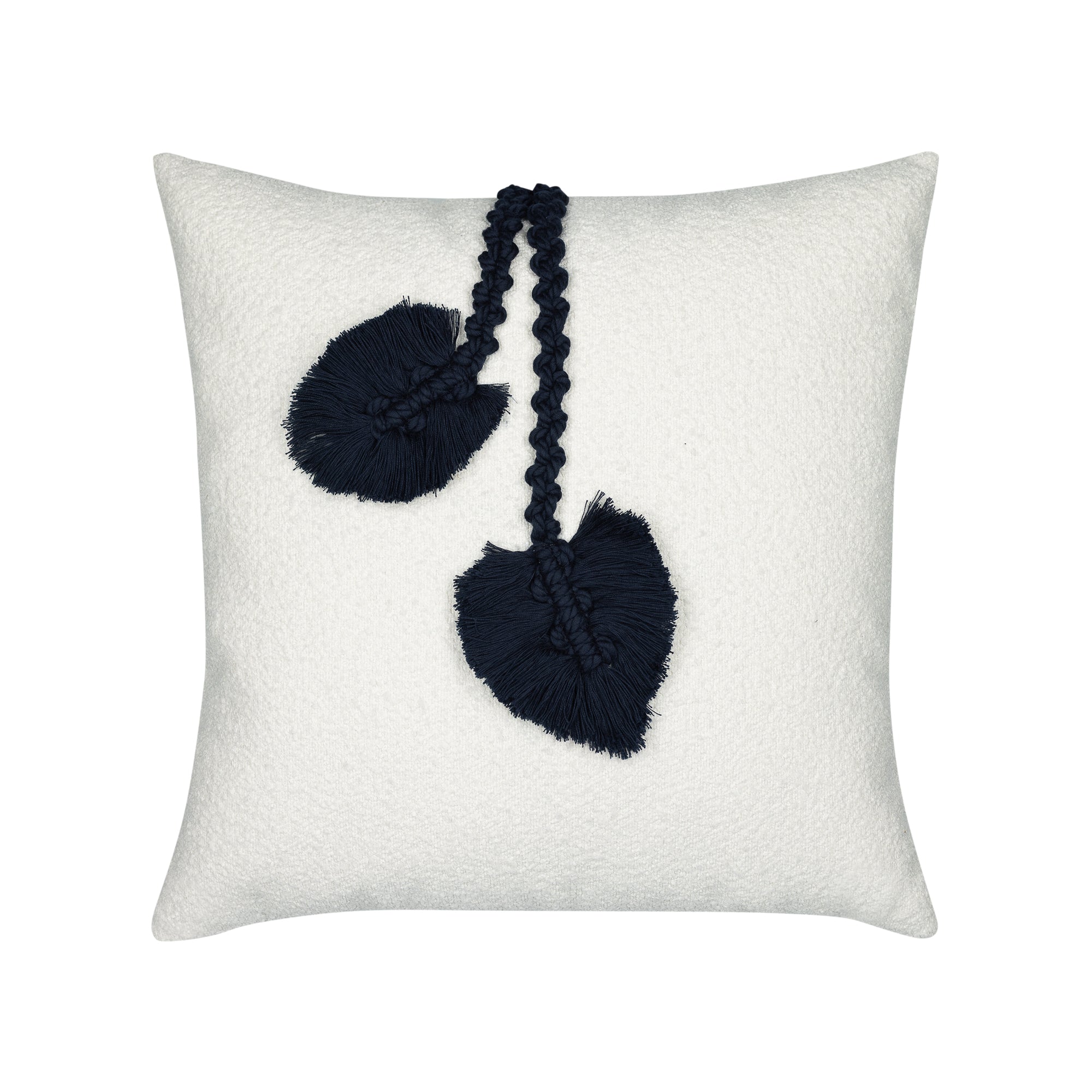 Textured white outdoor pillow with abstract macrame leaf design in indigo square size for modern patio decor