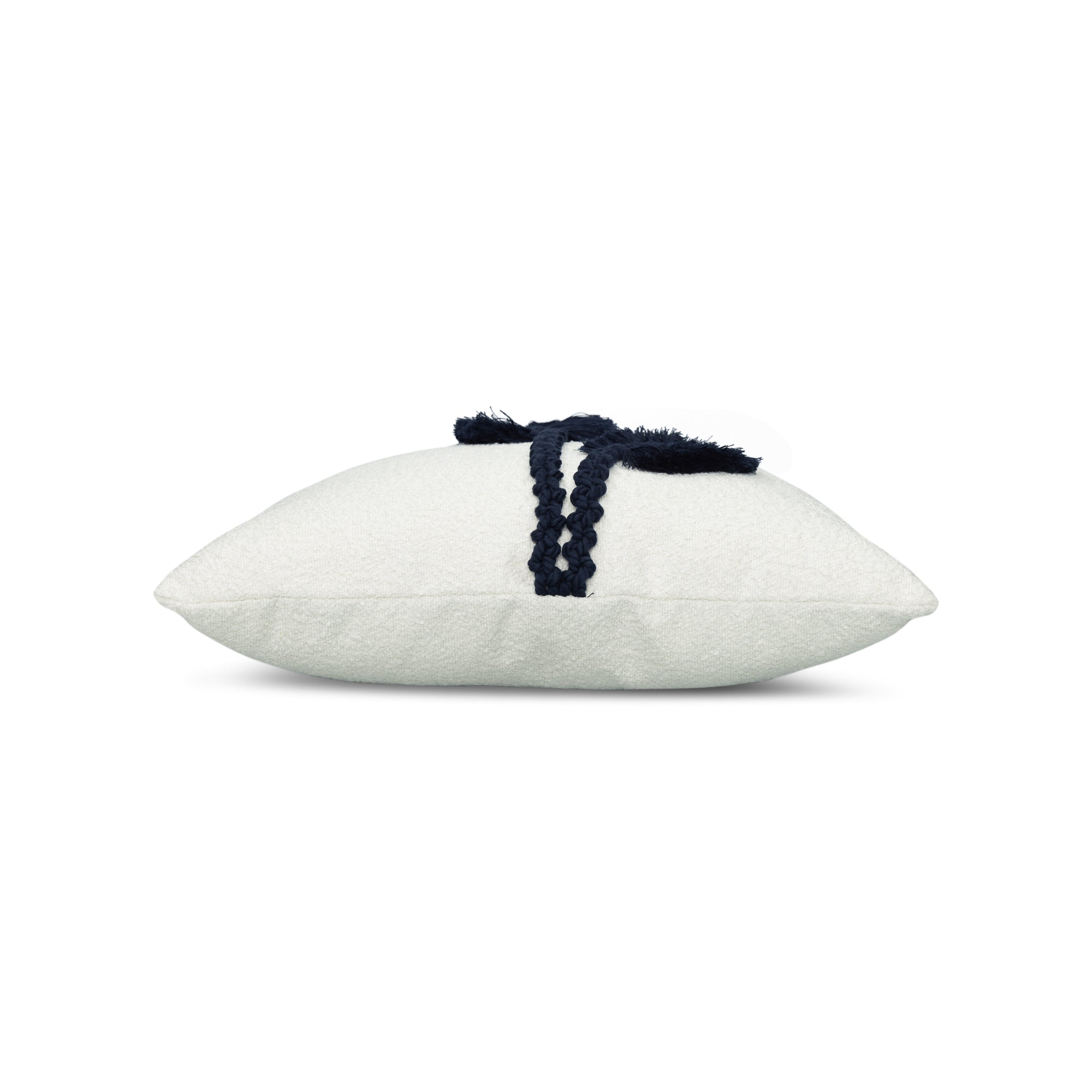Side image of Textured white outdoor pillow with abstract macrame leaf design in indigo square size for modern patio decor