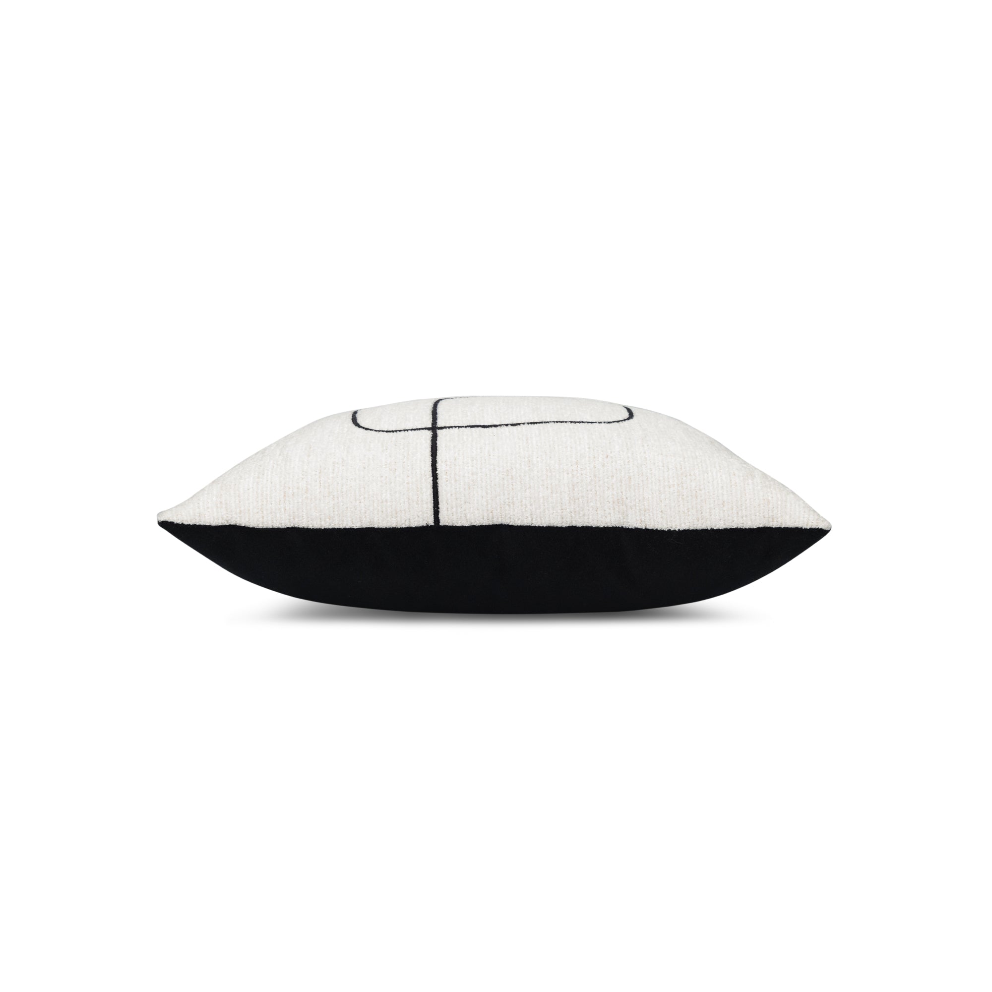 Side image of Ebony abstract stitched design on ivory outdoor pillow square size for artistic patio decor