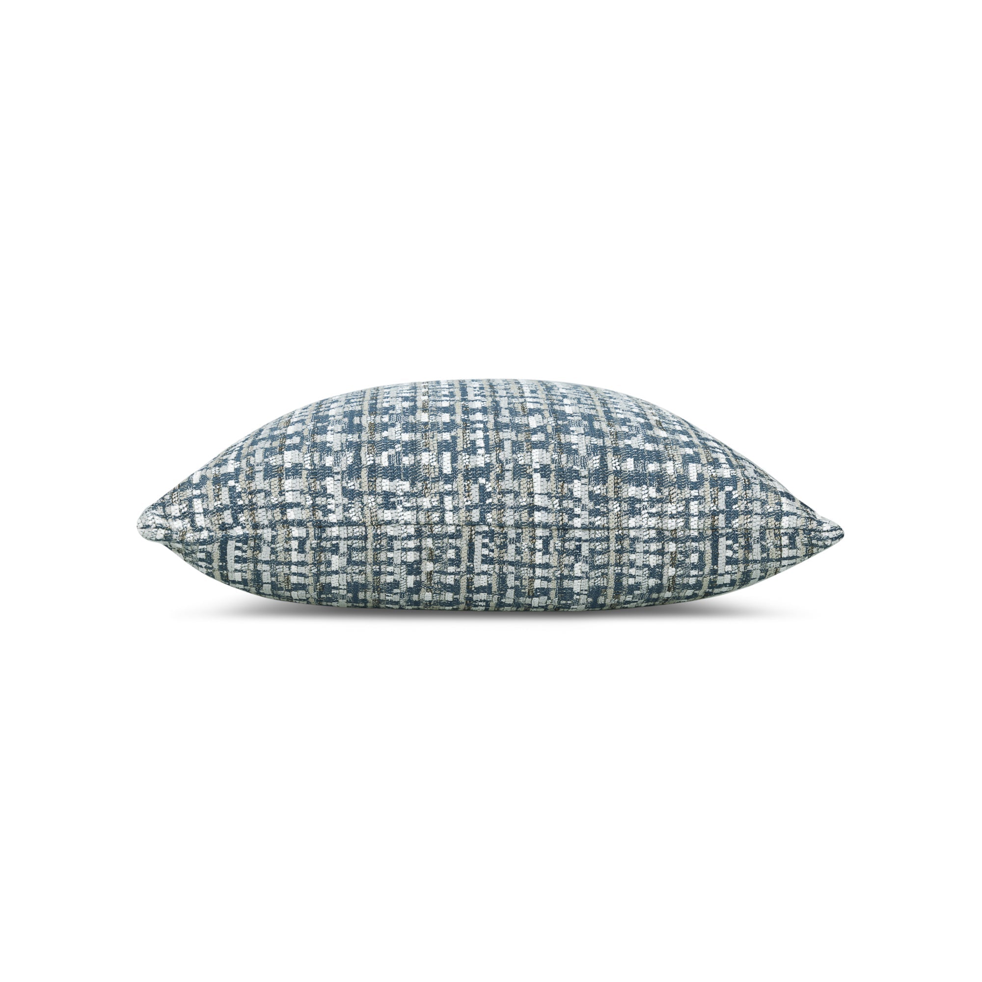 Side image of Navy textured outdoor pillow with subtle weave, lumbar size for sophisticated outdoor seating