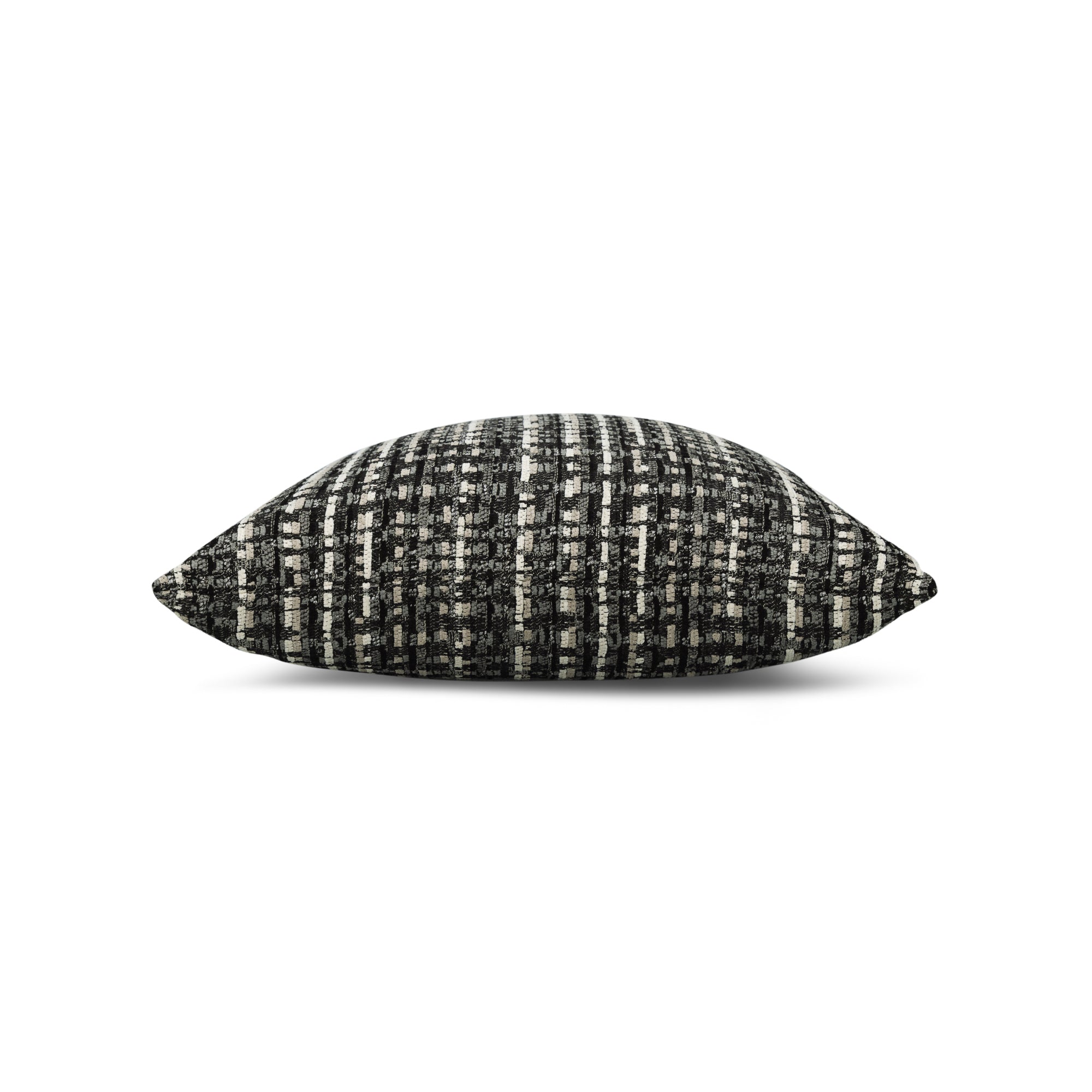 Side image of Black outdoor pillow with geometric diamond pattern, lumbar size for sleek outdoor styling