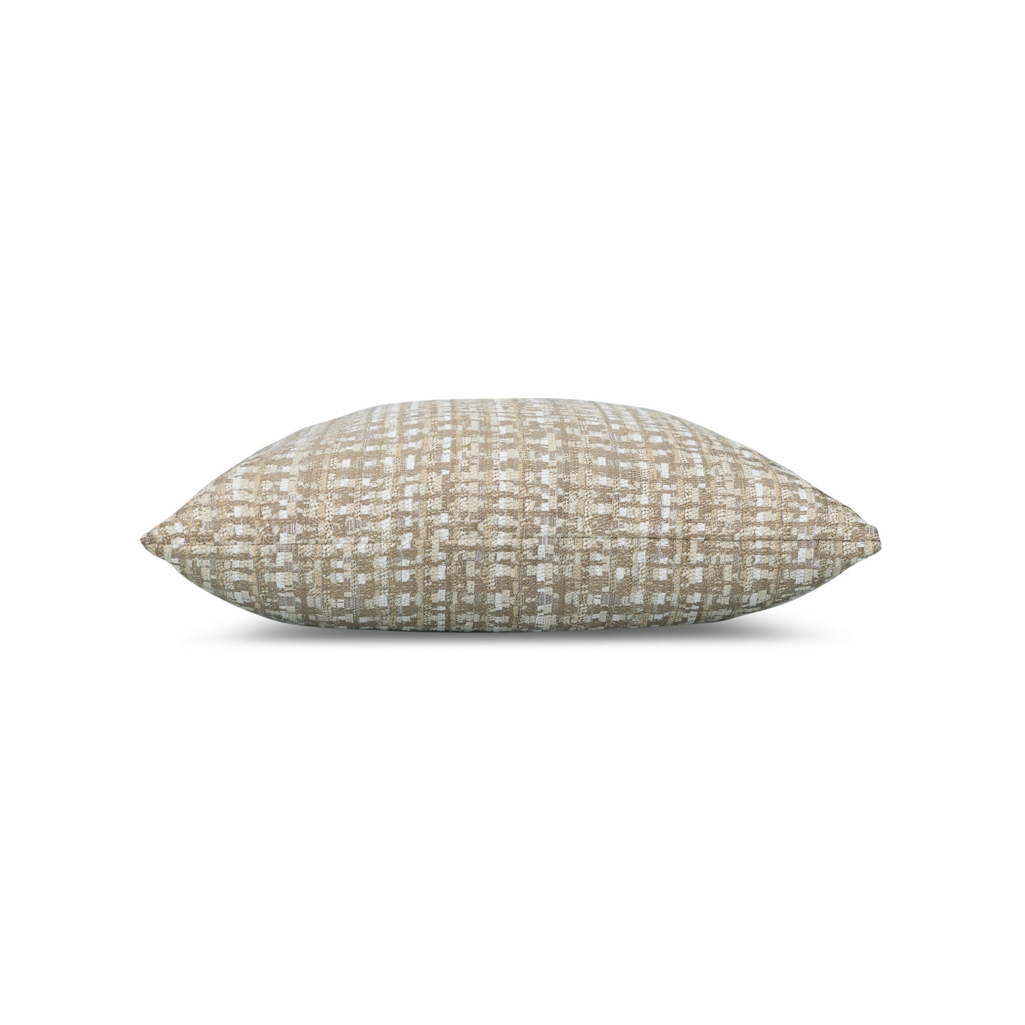 Side image of Beige outdoor pillow with geometric diamond pattern, lumbar size for neutral outdoor accents by Elaine Smith