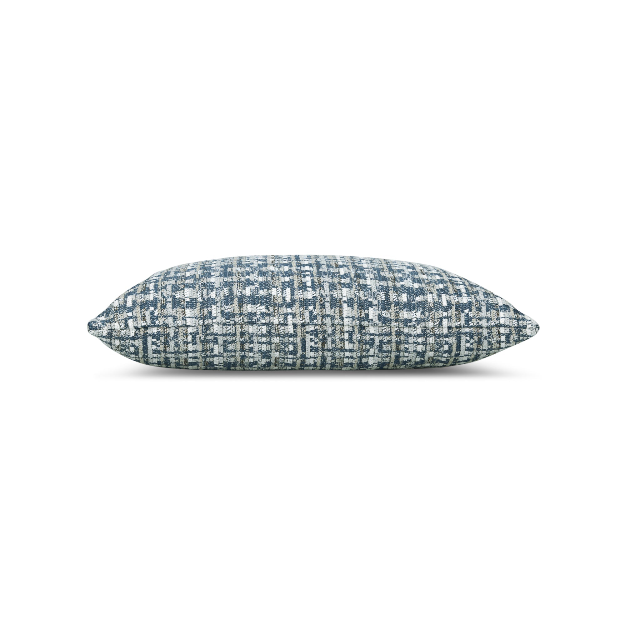 Side image of Blue textured outdoor pillow with subtle weave, square size for modern outdoor spaces