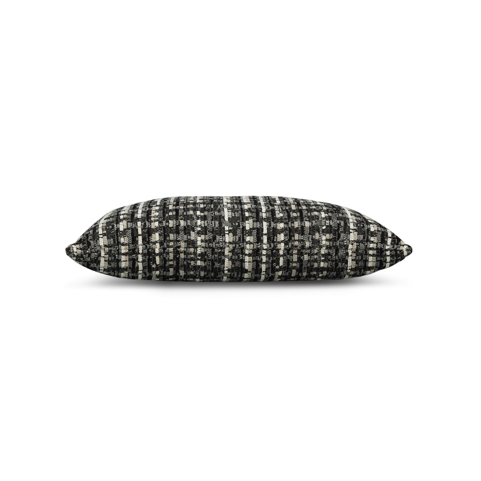 Side image of Black outdoor pillow with geometric diamond pattern, square size for contemporary outdoor decor