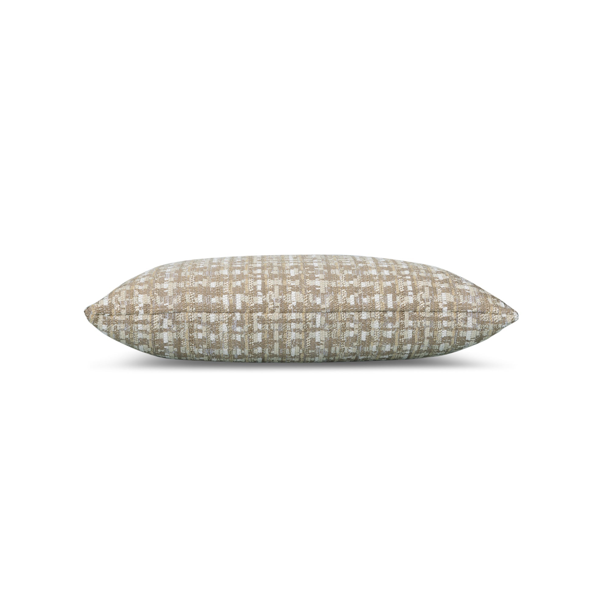 Side image of Beige outdoor pillow with geometric diamond pattern, square size for transitional outdoor design