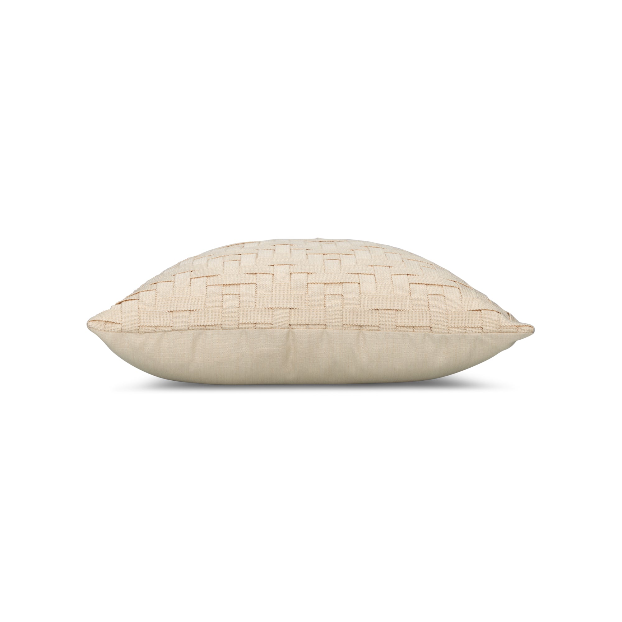 Side image of Natural outdoor pillow with woven texture square size for classic patio decor