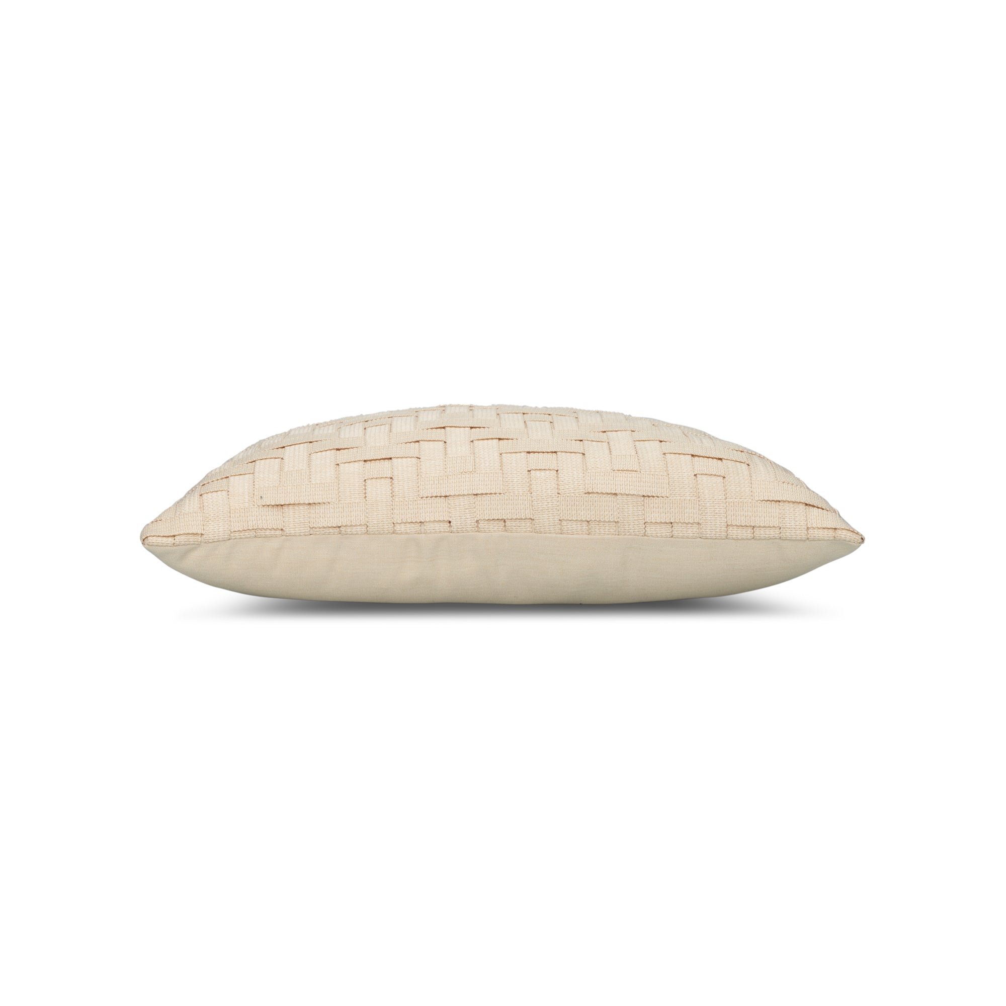 Side image of Beige outdoor pillow with stripe design lumbar size for transitional patio decor by Elaine Smith