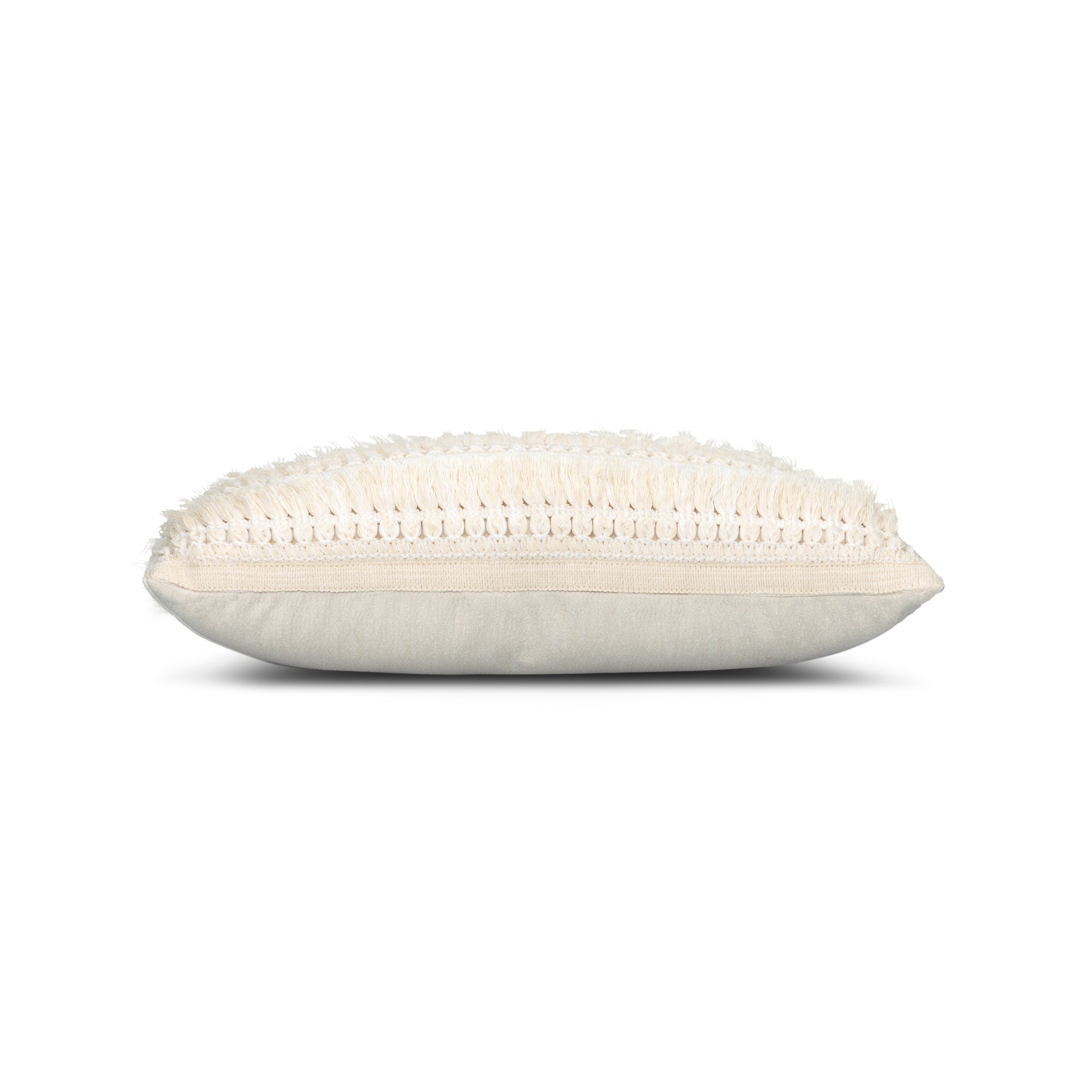 Side image of Beige outdoor pillow with woven texture, square size for natural outdoor accents by Elaine Smith