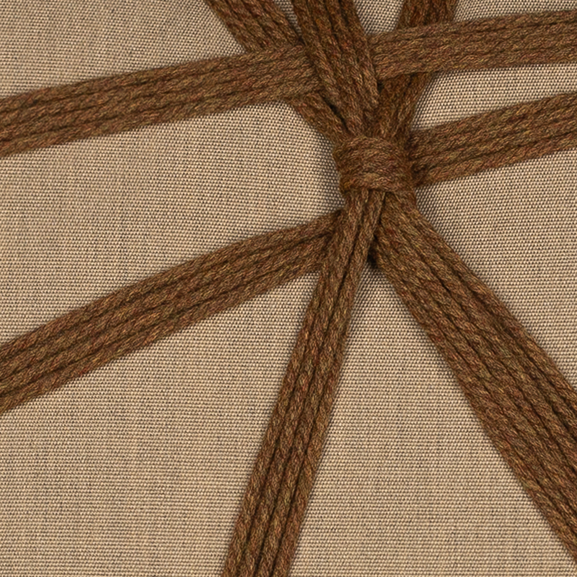 Detail image of Brown outdoor pillow with brown corded strapping in abstract grometric design for sophisticated patio decor
