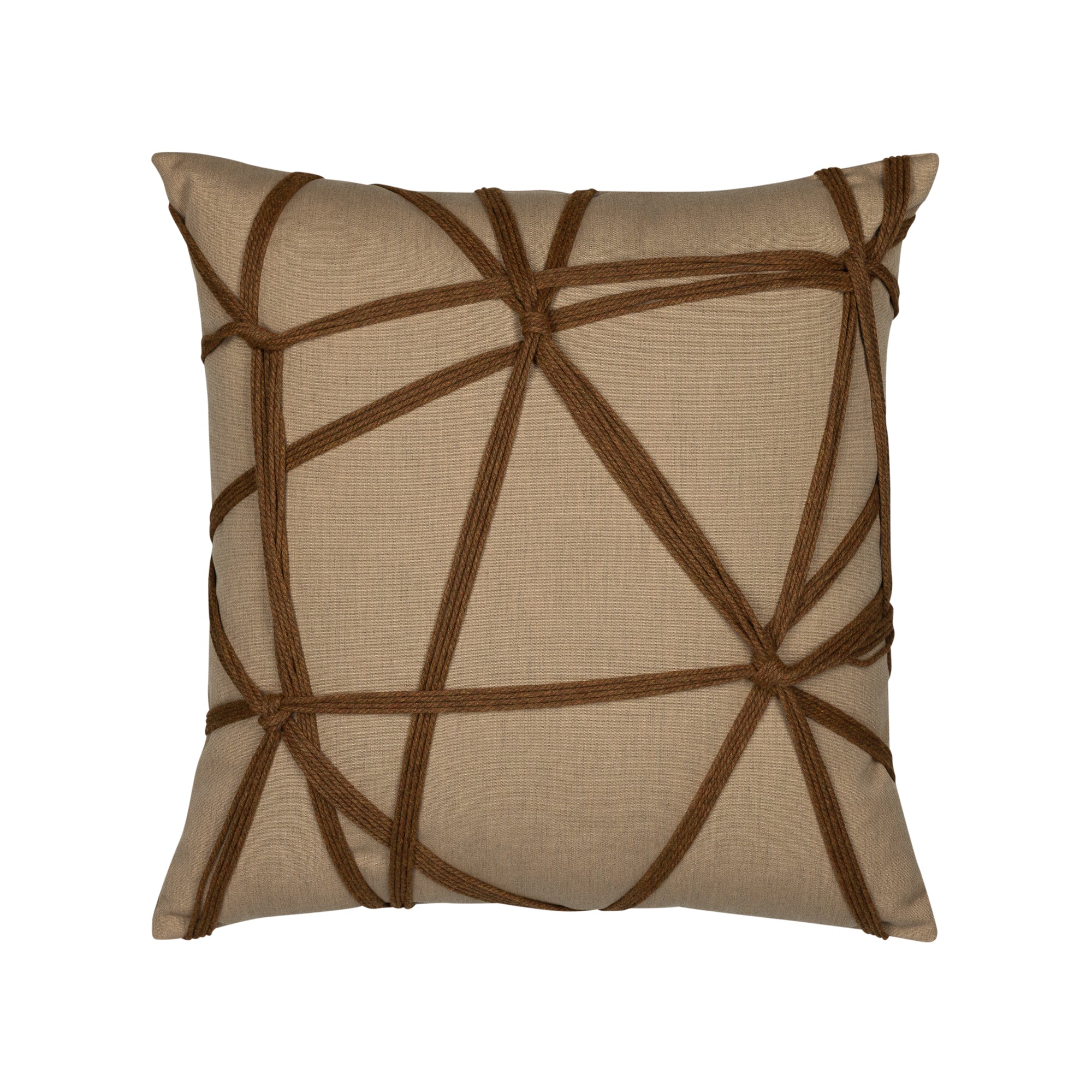 Brown outdoor pillow with brown corded strapping in abstract grometric design for sophisticated patio decor