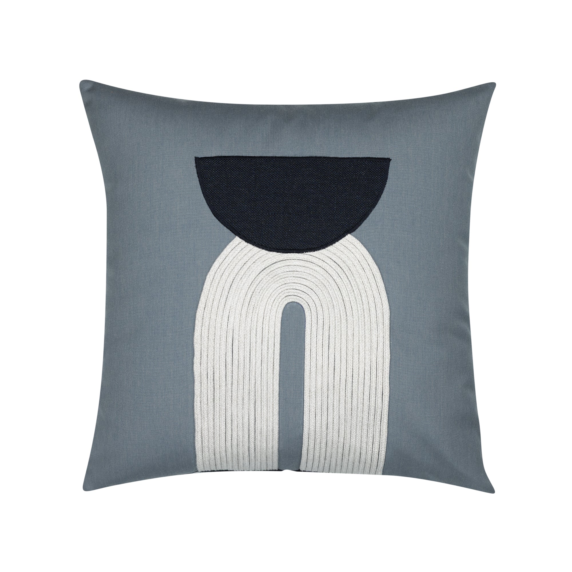 Modern design hand stitched pillow on slate blue ground in square size for stylish indoor and outdoor decor by Elaine Smith