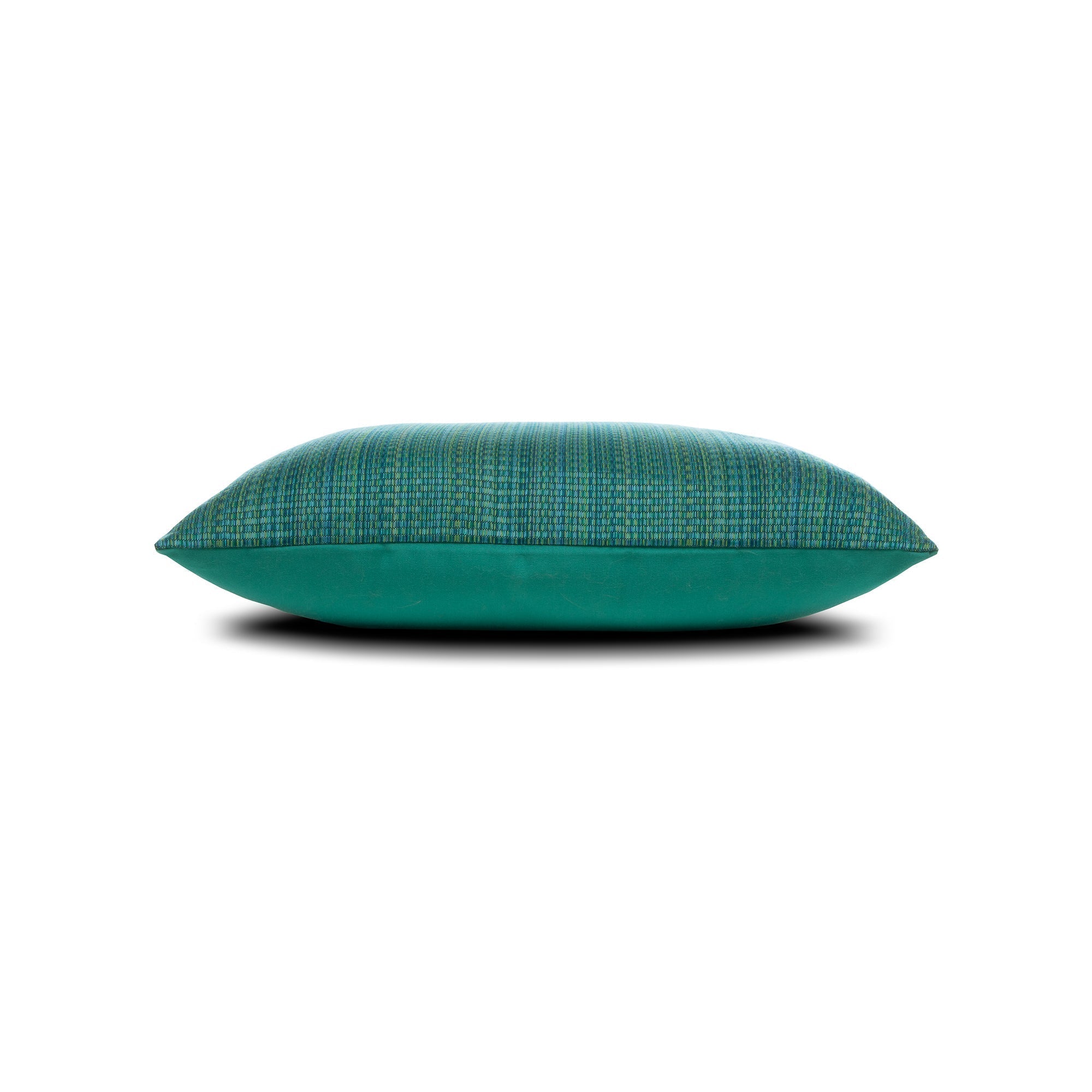 Side image of Green outdoor pillow with stripe pattern, square size for earthy outdoor accents by Elaine Smith