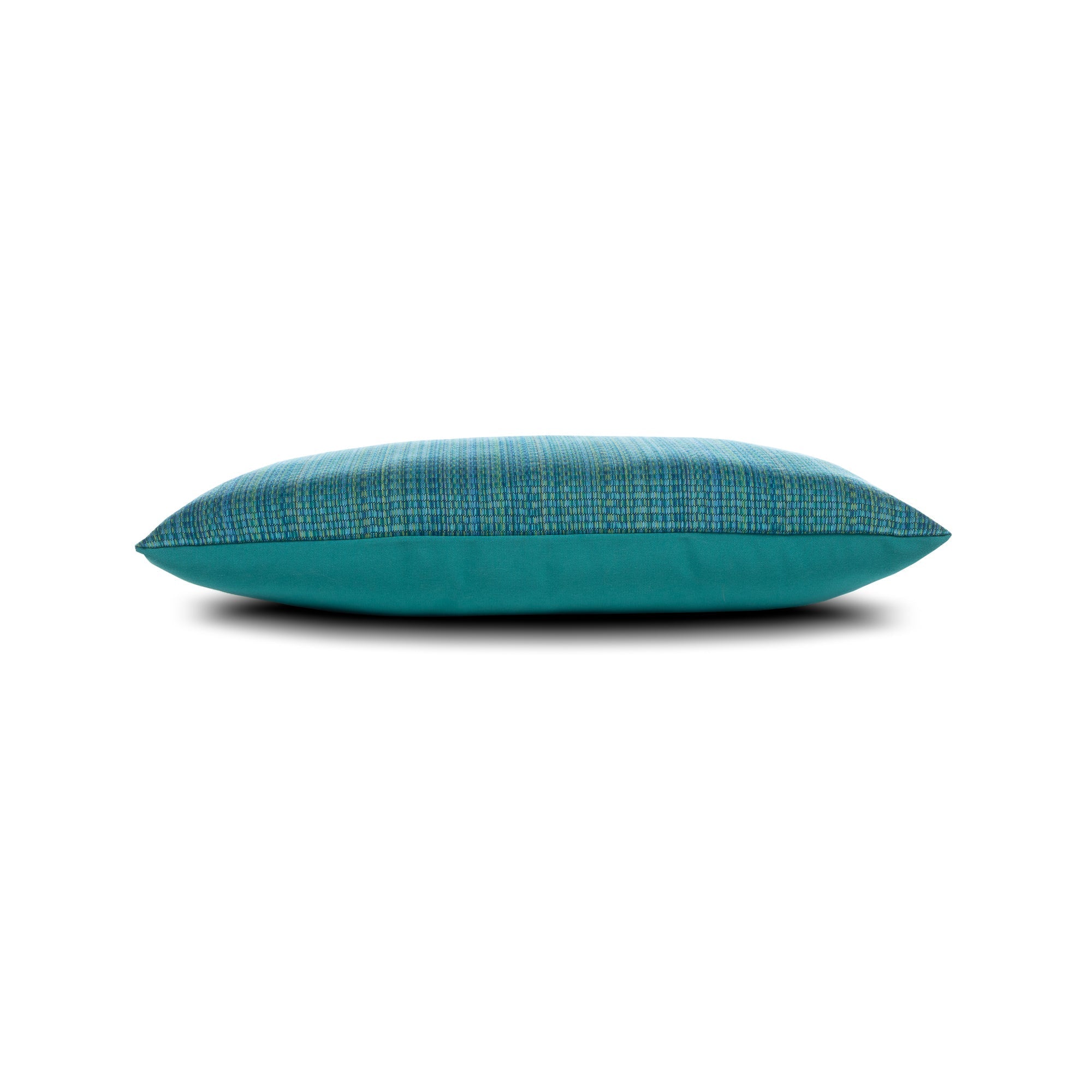 Side image of Teal outdoor pillow with stripe pattern, lumbar size for modern outdoor styling