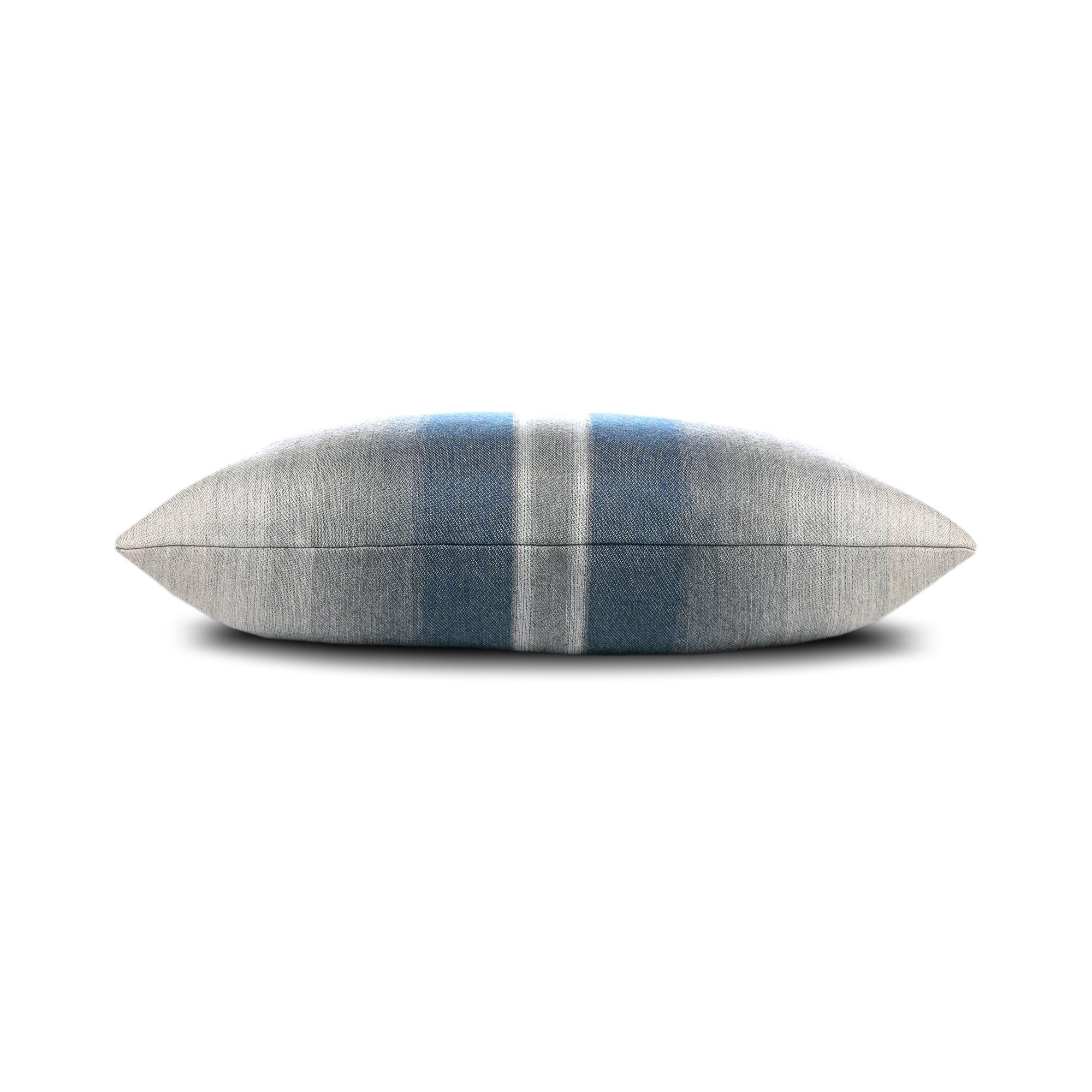 Side image of Blue and gray striped pillow square size for sophisticated indoor and outdoor decor