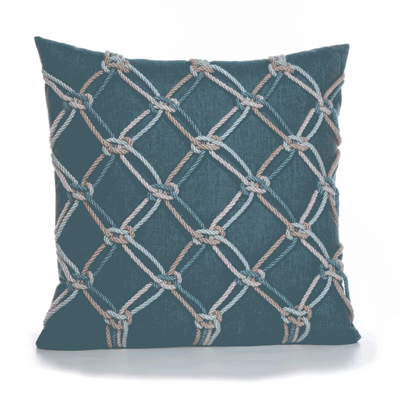 360 video of Teal geometric outdoor pillow with rope detailing in square size for elegant patio decor