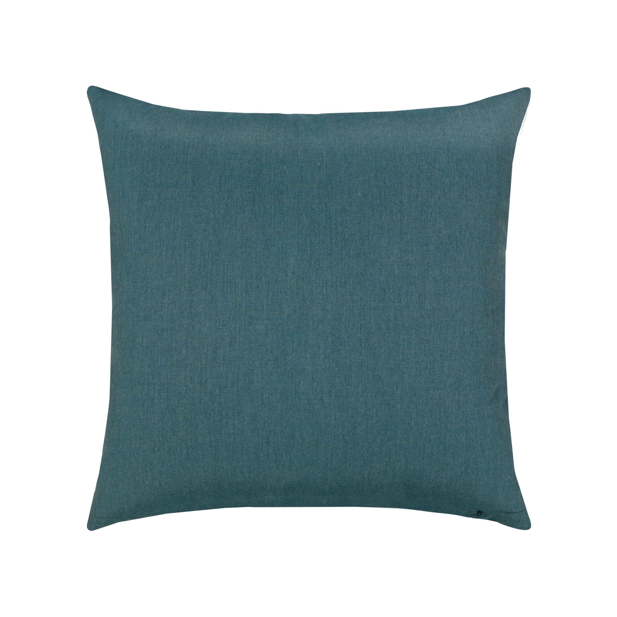 Back image of Teal geometric outdoor pillow with rope detailing in square size for elegant patio decor
